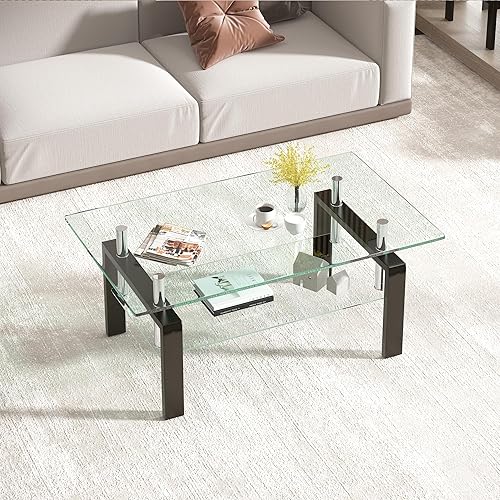 Miniatura 4 de Moderna mesa auxiliar rectangular de vidrio de 2 niveles, mesa de té de vidrio templado transparente para sala de estar, 39.4 x 23.7 x 17.68