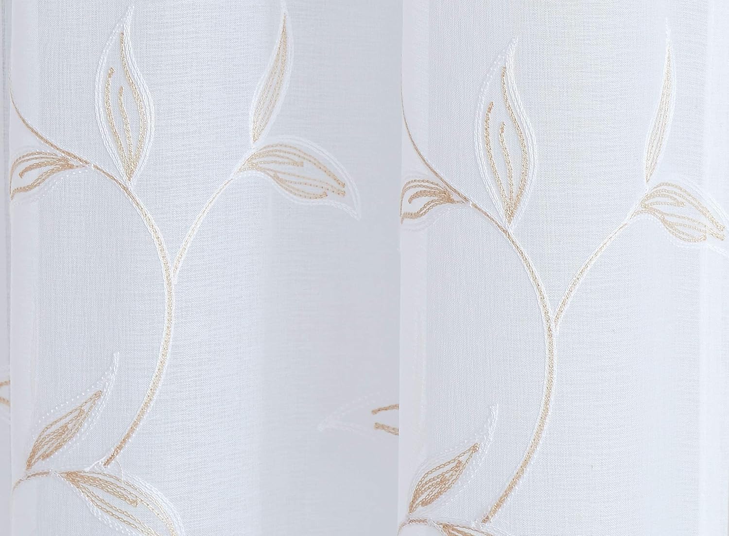 LINENZONE Pair of Sheer White Curtains with Golden Linen Leaf Embroidery. Modern Farmhouse Curtains for Living Room, Kitchen or Bedroom. Maria 54 x 84 Linen
