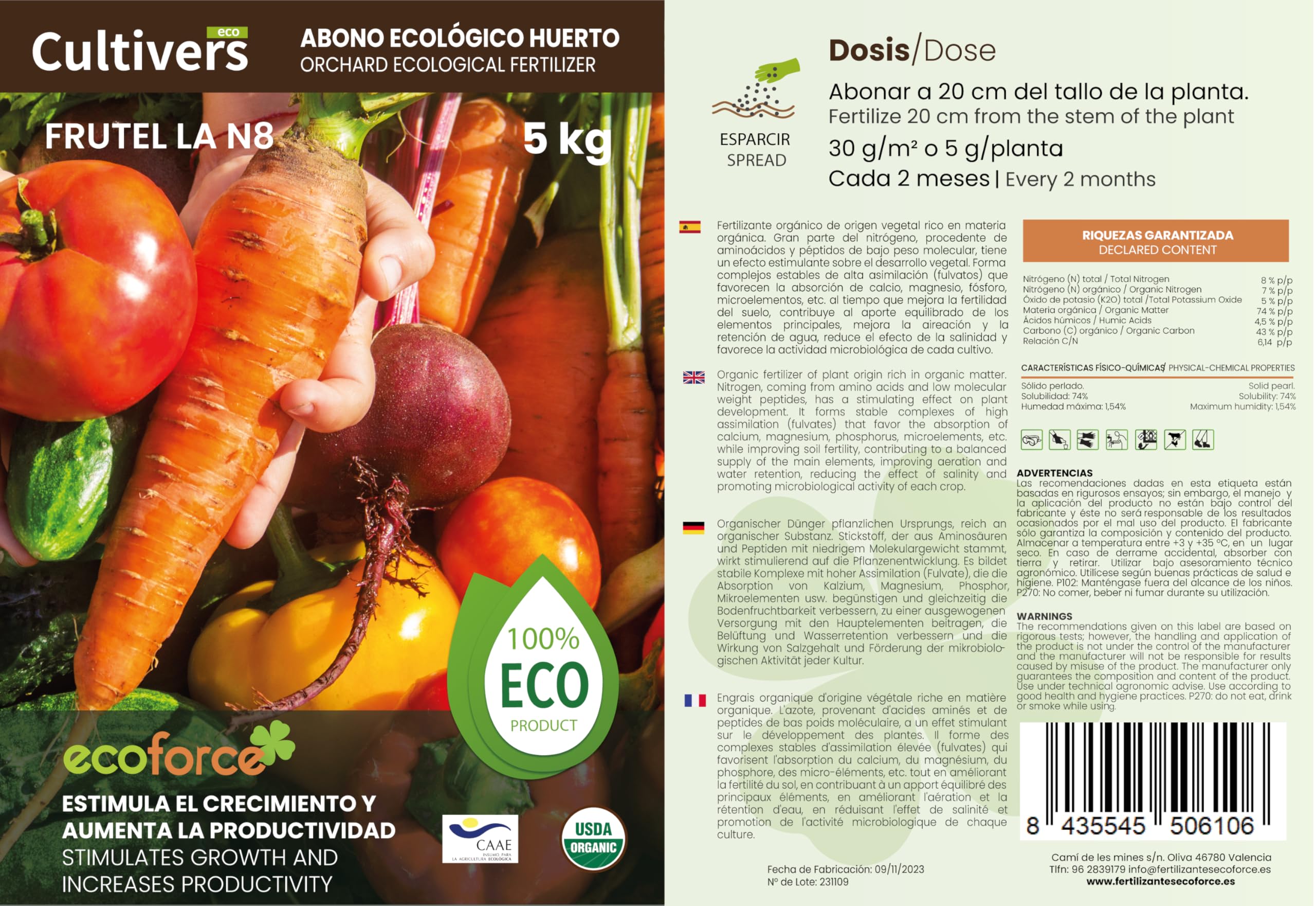 CULTIVERS Engrais Potager Bio 20 kg pour Les légumes. Engrais d'origine 100% Biologique et Naturelle Microgranulée, Améliore la Productivité des Cultures Lente Libération.