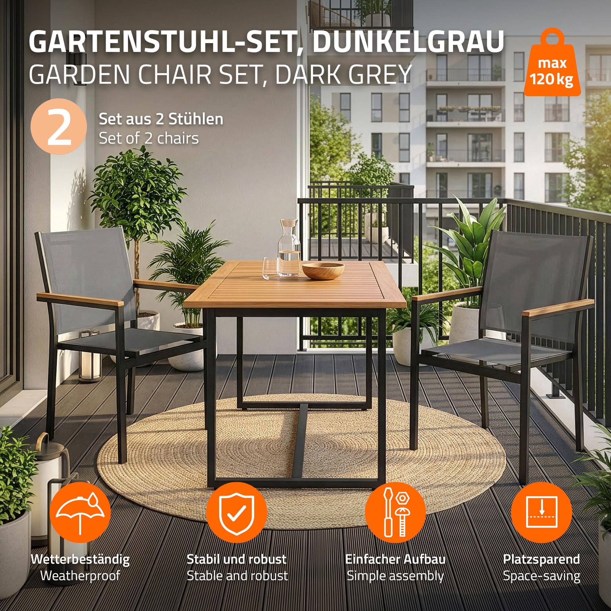 ML-Design Juego 2X Sillas de Jardín Gris Oscuro Asiento de Textilene para Terraza, Aspecto Madera y Estructura de Aluminio con Reposabrazos y Respaldo Mueble Apliable Resistente a la Intemperie