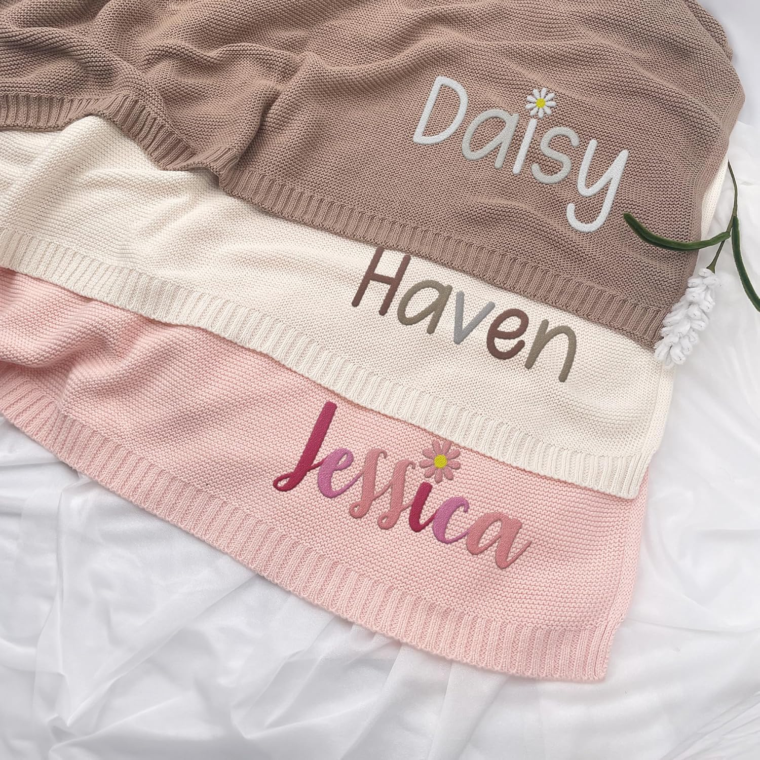 Personalized Baby Blankets, Baby Blankets Embroidered Name, Embroidered Baby Blankets for Boys Girls, Custom Baby Name Blankets, Cotton Knit Embroidery Blanket, (Color 01)