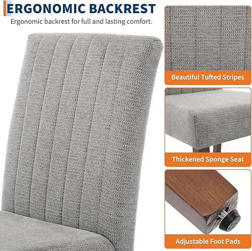 Miniatura 4 de Juego de 2 sillas de comedor tapizadas, sillas laterales de cocina de tela moderna con patas de madera resistentes, diseño Parsons, cómodo lino