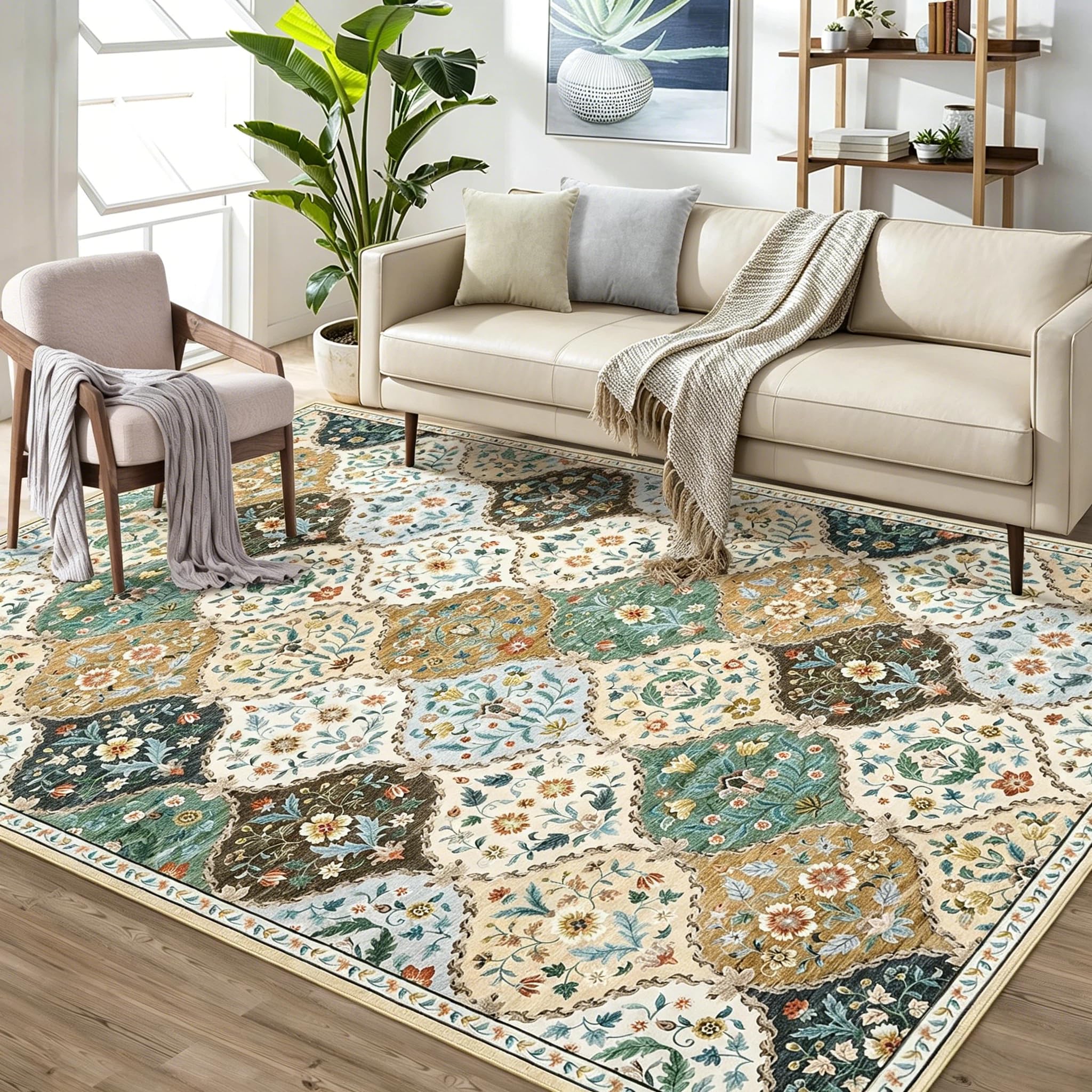 LuxFocus Small Rug for Bedroom 80x150 cm Vintage Floral Non Slip Beige — image 1