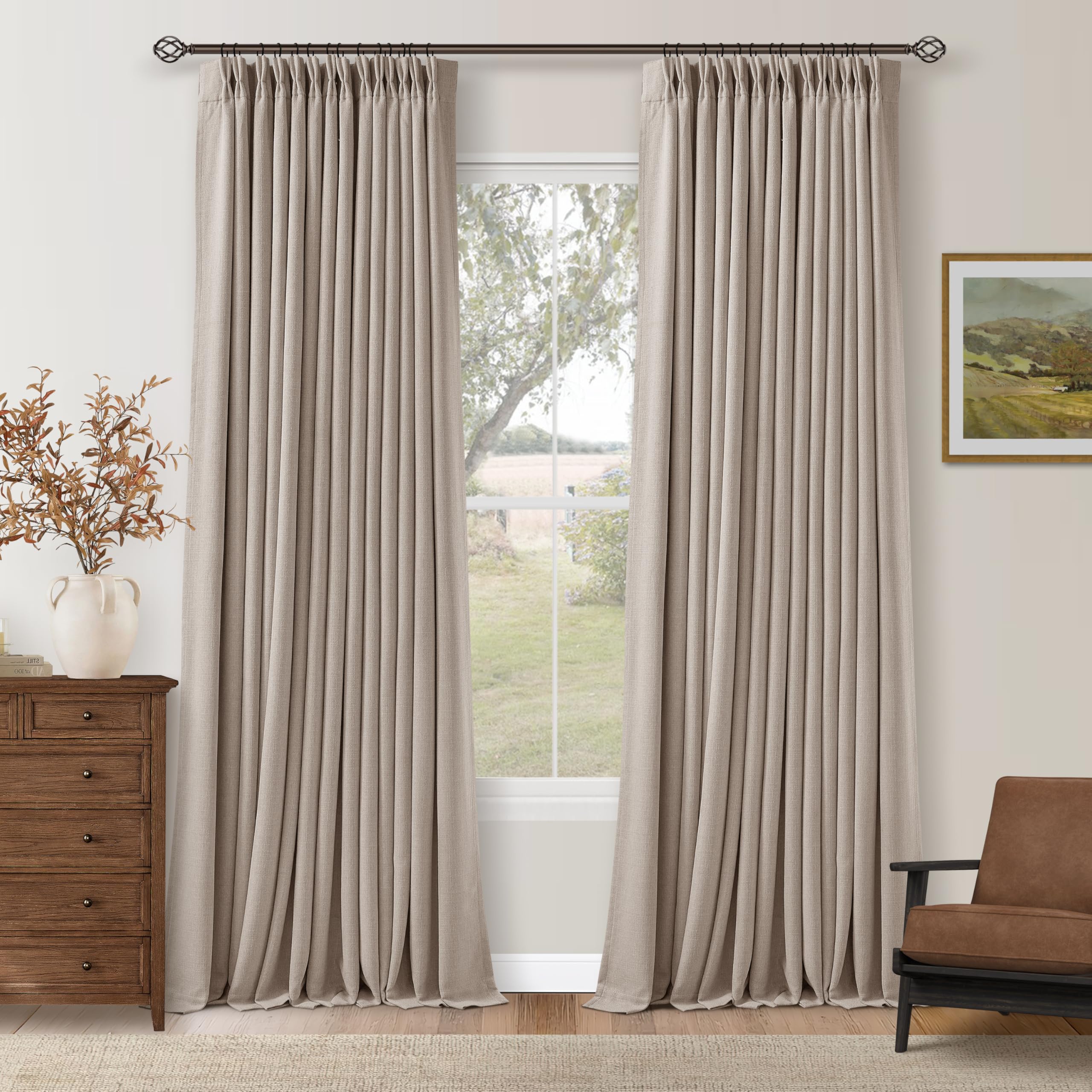 Photo 1 of Viral Pleated Blackout Burlap 120 Inch Long Curtains Neutral Pinch Pleated Taupe Burlywood Birch Linen Double Layer 100% Black Out Curtains Soundproof Cottagecore 120 Inch Window Drapes 2 Panel