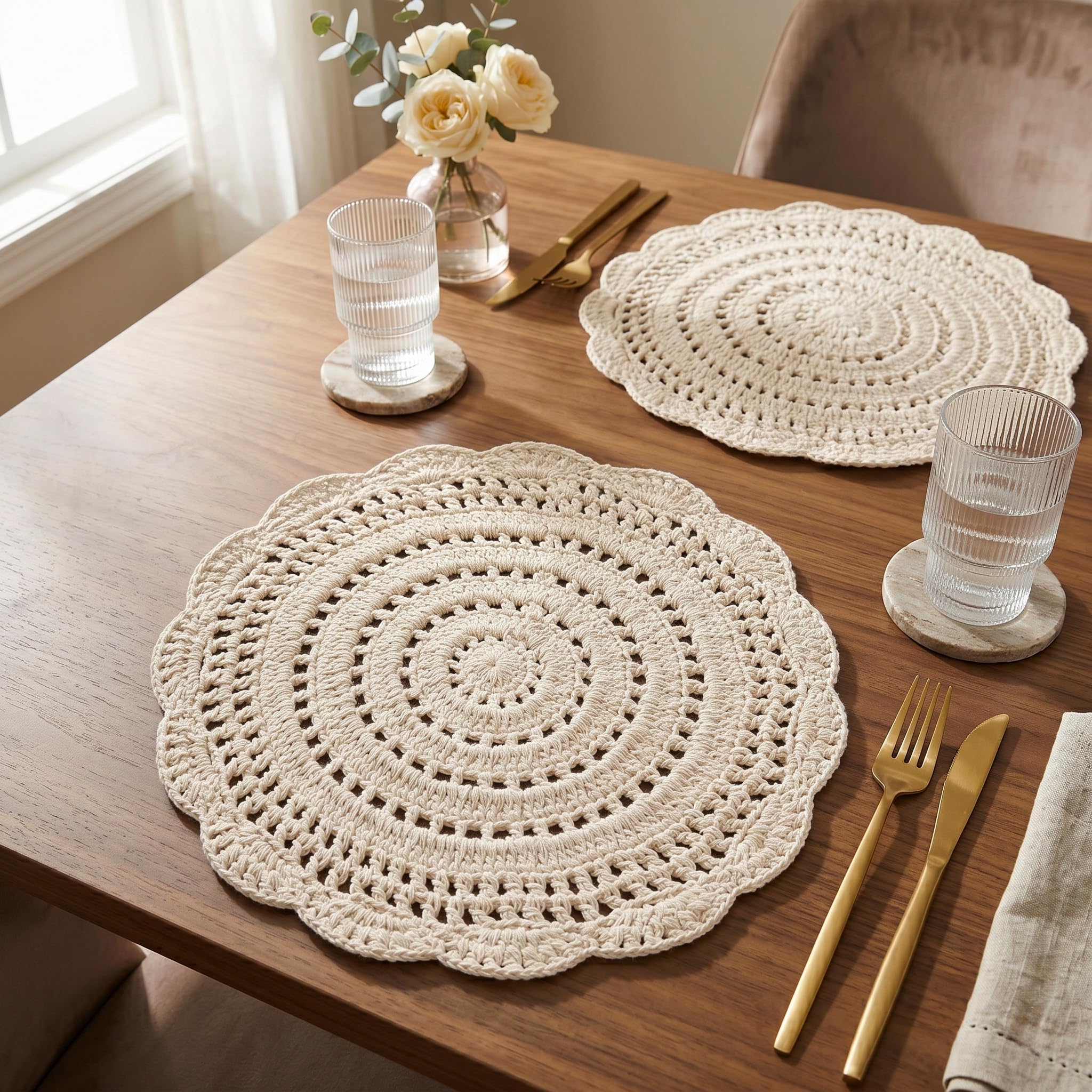 R home Set of 2 Crochet Placemats for Dining Table I 100% Cotton Crochet Table mats I 15 Inch (30 CM) Round I Hand Made Heavy Anti-Skid Placemat I Perfect for Dining Table Decor-image-34