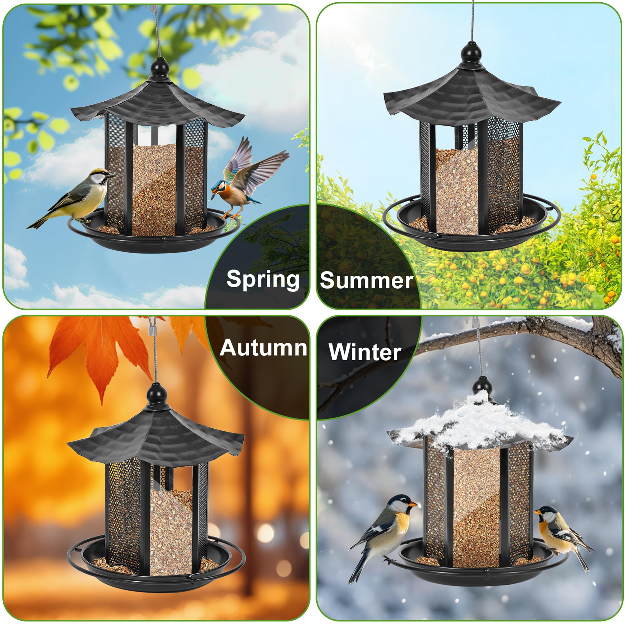 CVHOMEDECO. Mangiatoia per uccelli per esterni, da appendere, in metallo, per uccelli selvatici, decorazione esterna da giardino, cortile, a forma esagonale con tetto, nero