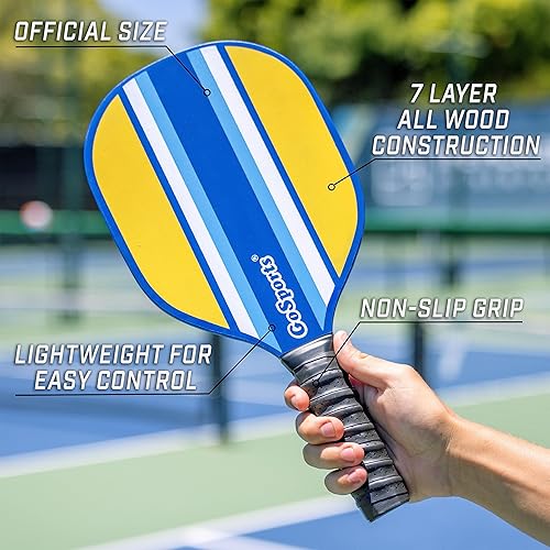 Miniatura 3 de GoSports Juego de pickleball con 4 paletas, 4 bolas de pickleball regulables y estuche de transporte, clásico, retro, acero azul o amarillo