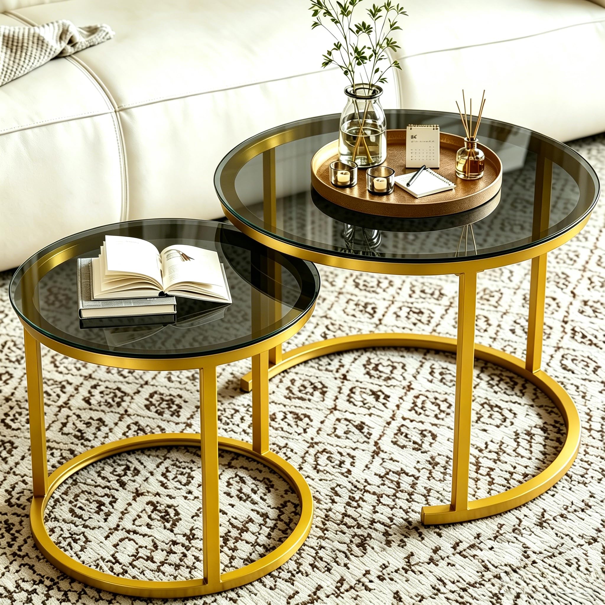 Hawthyhome 2 Stücke Beistelltisch Set rund, Couchtisch aus Glas mit Metallrahmen,Moderne Kaffeetische Satztische für Wohnzimmer Schlafzimmer Schwarz Glas2121