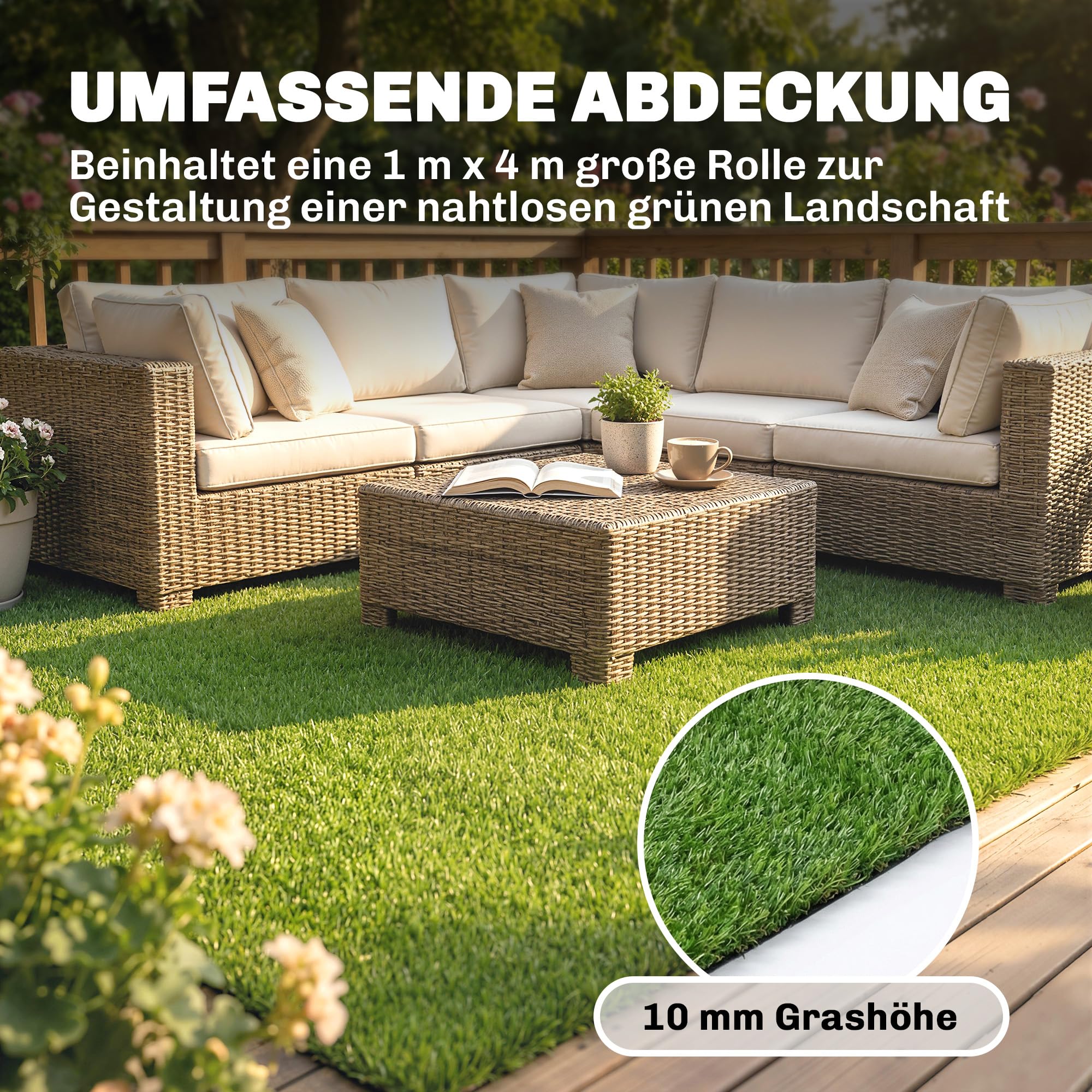 Outsunny Kunstrasen 100x400cm selbstentwässernd Outdoor Teppich mit 10mm Höhe Wetterfester Rasenteppich Grasteppich Rollrasen für Garten Balkon, Terrasse Grün