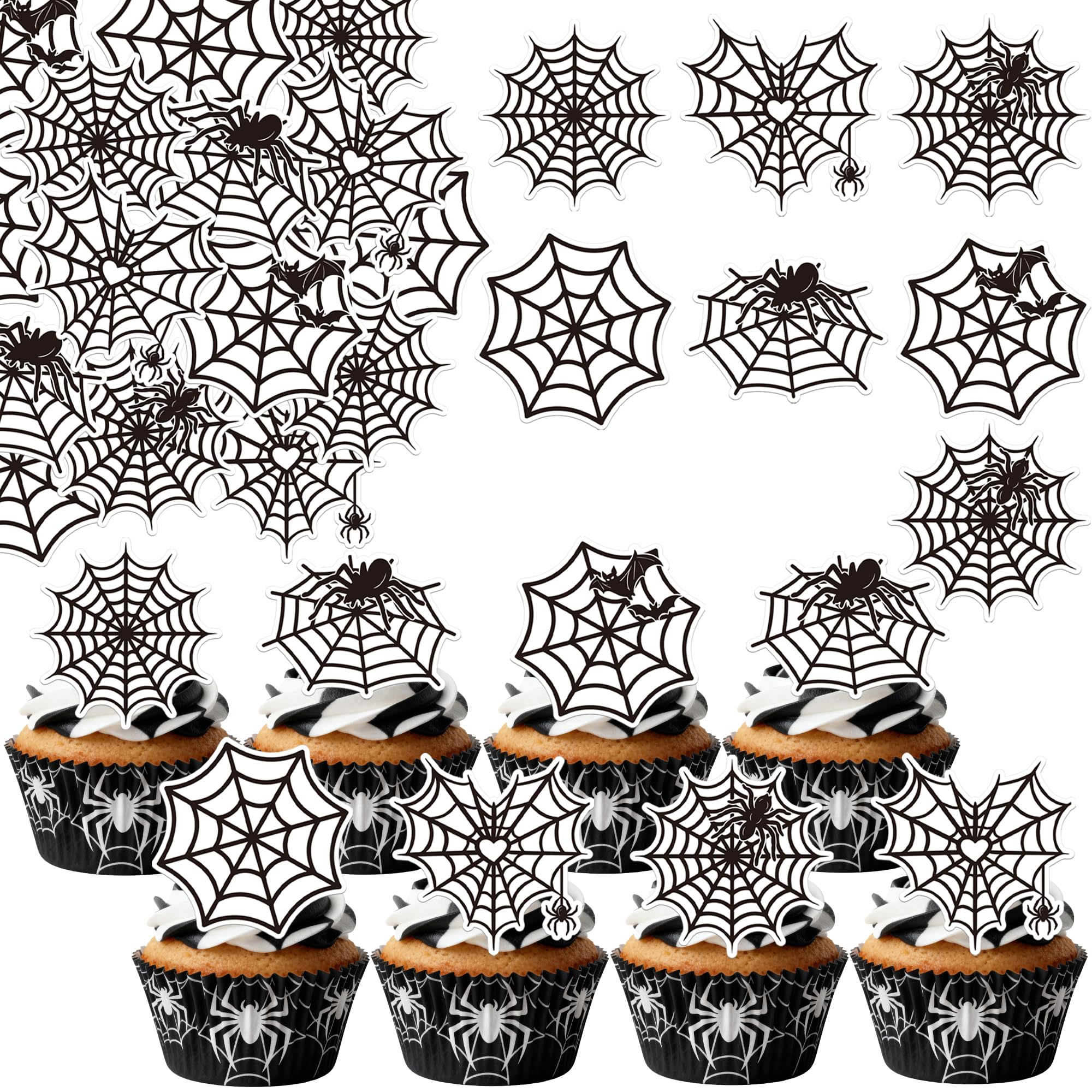 Xsstarmi 60 Pack Edible Spider Webs Cupcake Toppers Halloween Spiders Cupcake Picks Halloween Cake Decoration for Horror Theme Baby Shower Birthday Party Cake Decorations Supplies
