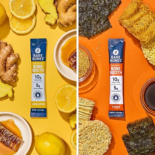 Vista 20 de Mezcla instantánea Bare Bones de caldo de huesos, de huesos, de pollo y res, 10gr de proteína, apto para dieta Keto y Paleo, sobres en barras