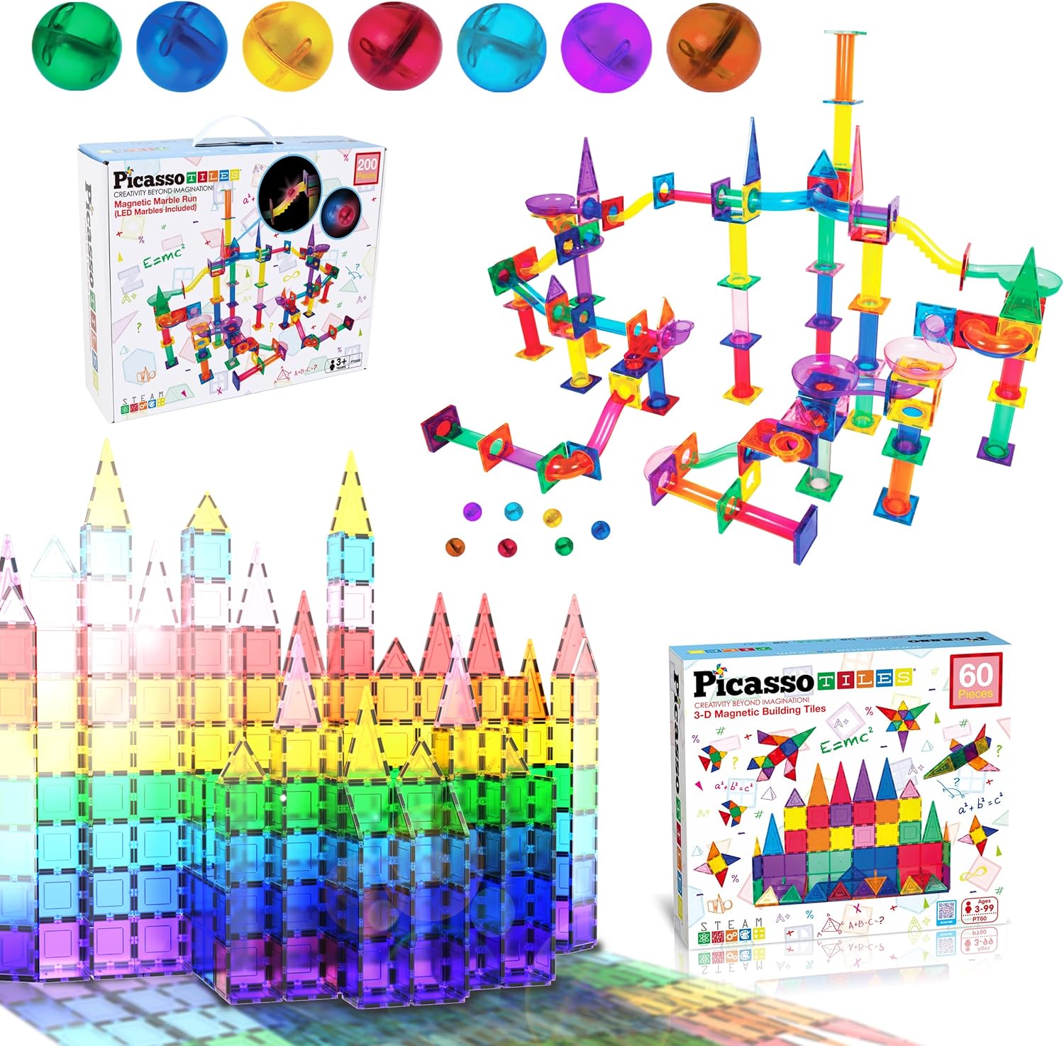 PicassoTiles 200PC Marble Run Race Track + 60PC Magnet Tiles Fun & Creative Playset Bundle: STEAM Learning & Educational Sensory Toy for Preschool & Kindergarten Kids Ages 3+, A Classroom Must Have