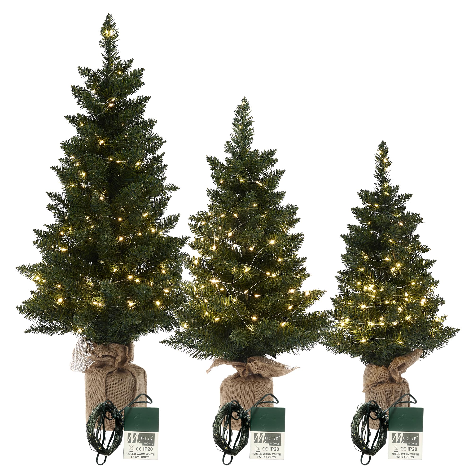 Meisterhome® 3-teiliges Set Künstlicher Weihnachtsbäume mit LED-Lichtern – Realistische Tannennadeln & Jutefuß – Höhen 75/90 / 120 cm – Langlebige & stilvolle Weihnachtsdeko