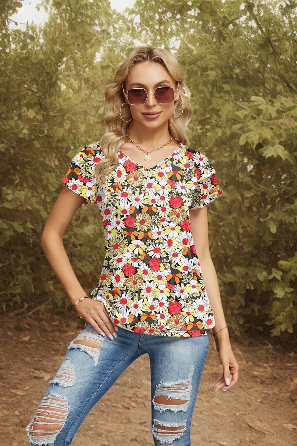 Womens Floral Tops Ruffle Sleeve Shirts for Women V Neck Loose Fit Casual Tee Tunics - Image 5
