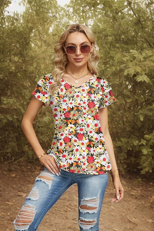 FREEOAK Womens Floral Tops Ruffle Sleeve Shirts for Women V Neck Loose Fit Casual Tee Tunics