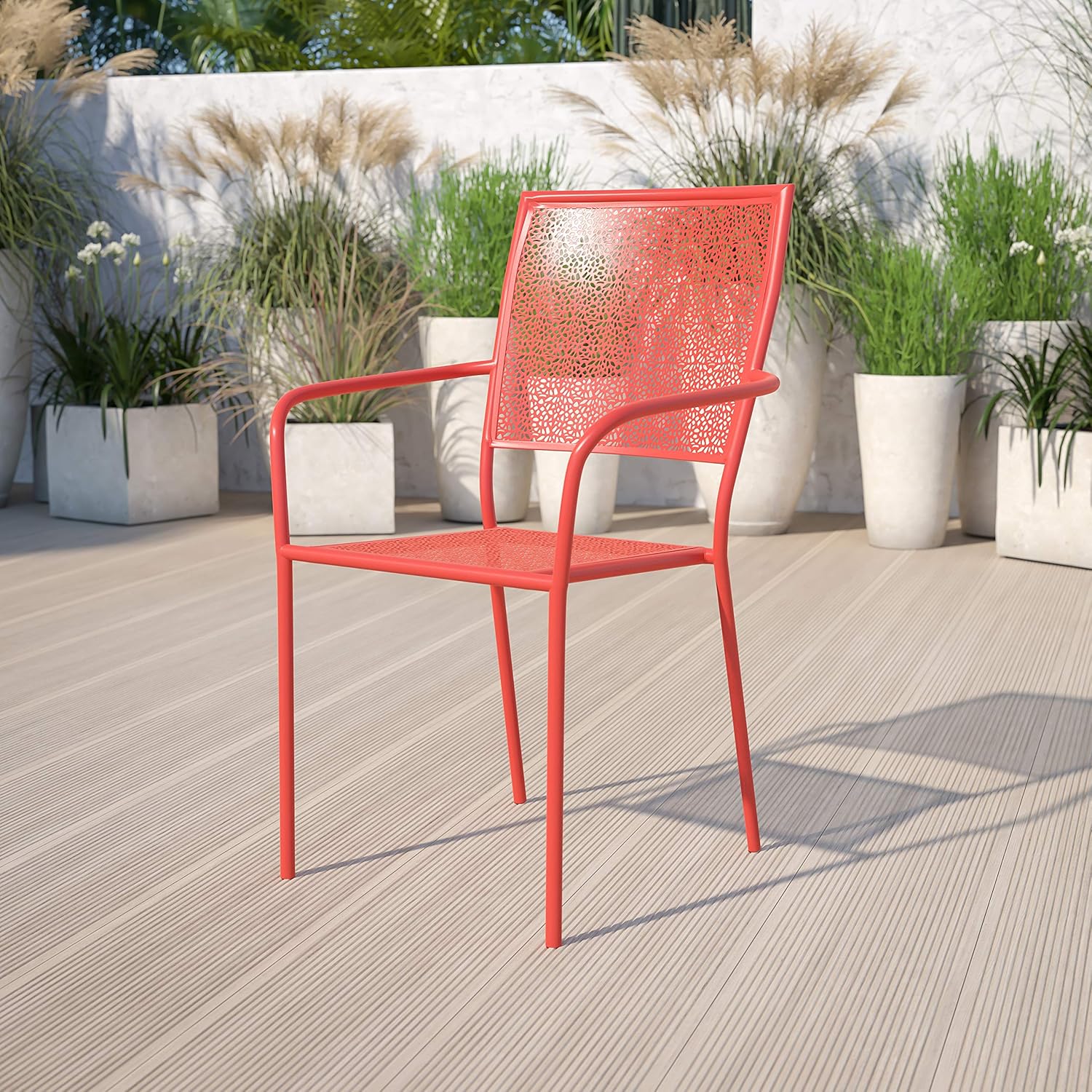 EMMA + OLIVER Commercial Grade Coral Indoor-Outdoor Steel Patio Arm Chair with Square Back