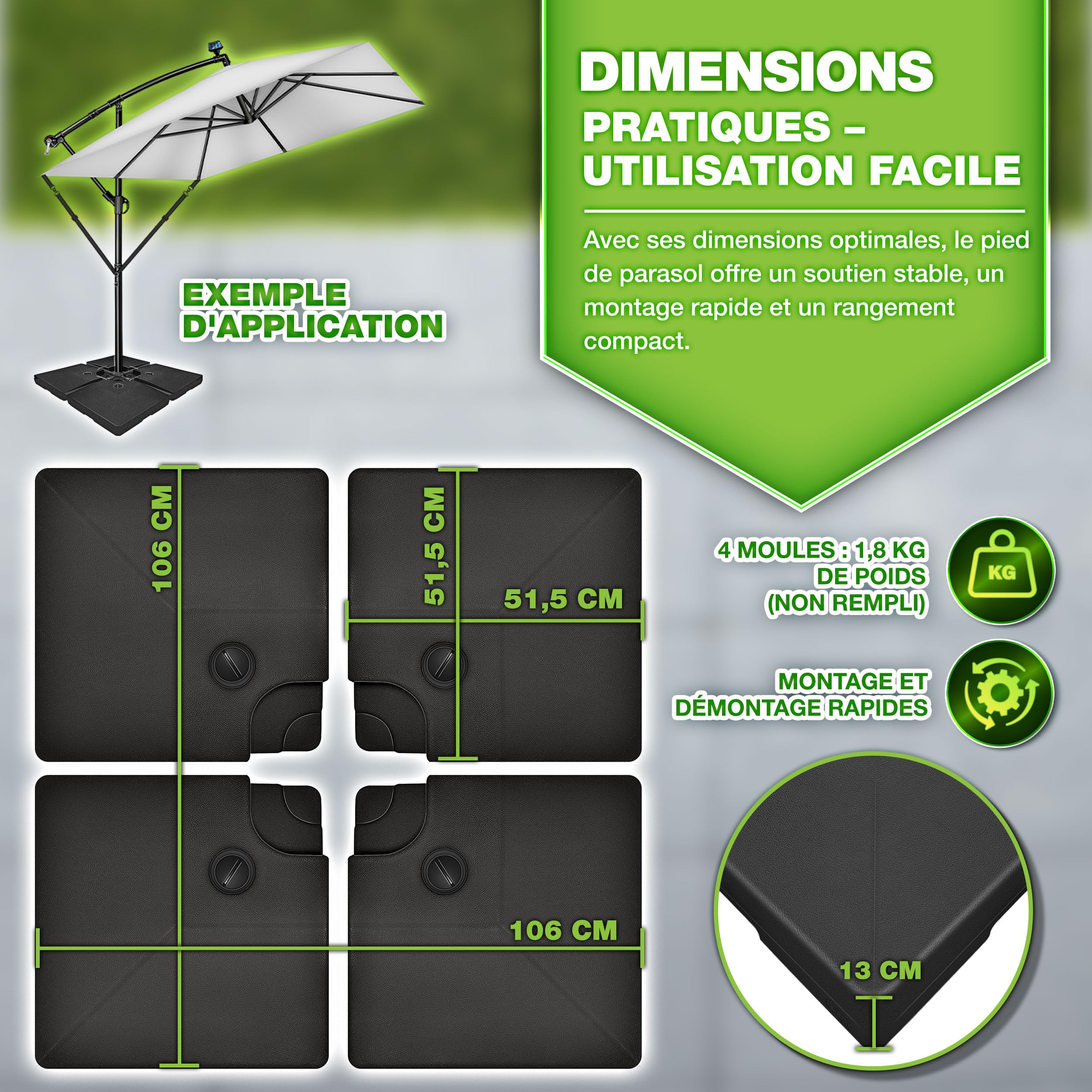 tillvex® Lestage & Dalles Carrées pour Parasol Déporté – Pied de Parasol 90 litres / 120 kg, 4 Pièces avec Connecteur Métallique | Base Remplissable avec Eau ou Sable | Support de Parasol (Noir)