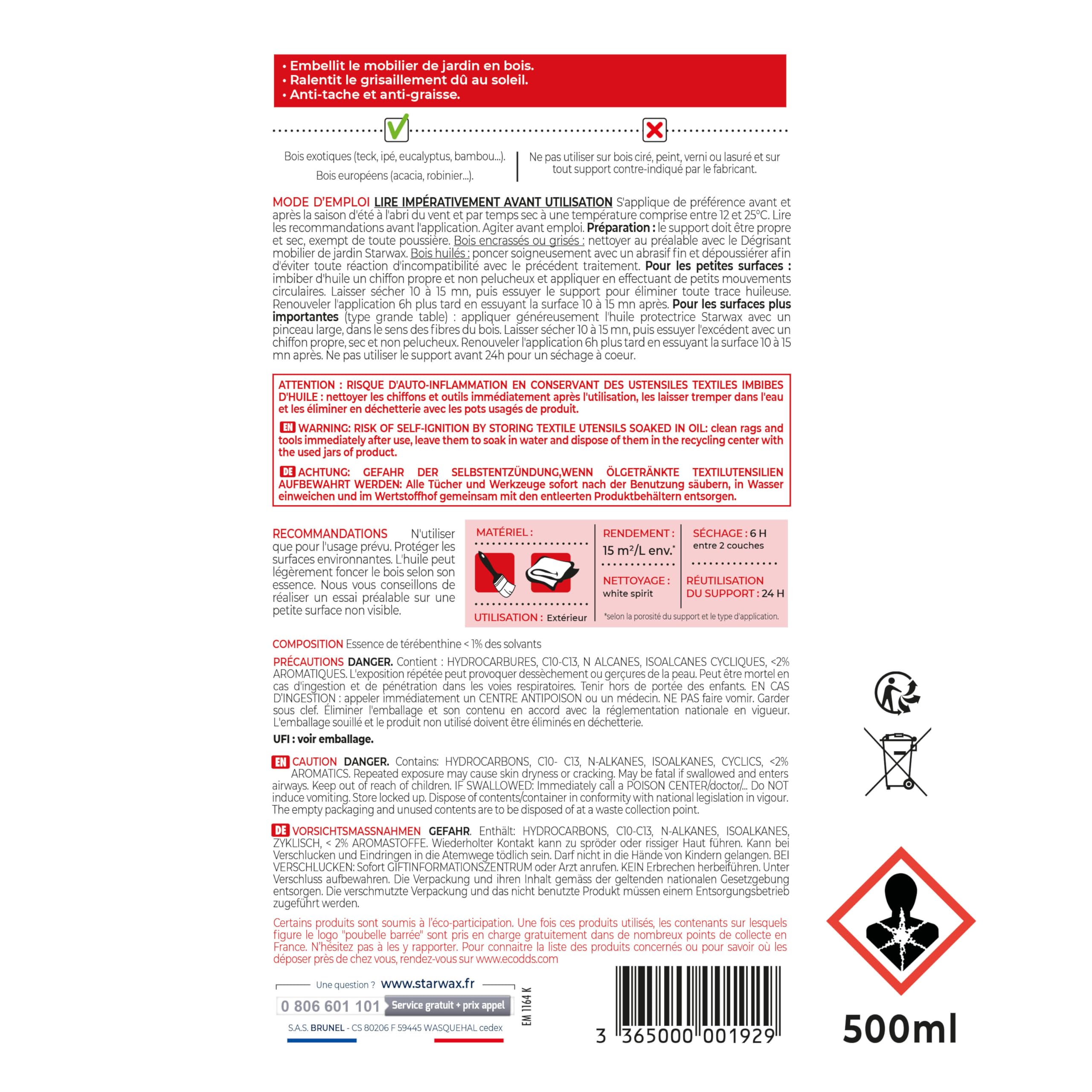 STARWAX Huile Protectrice pour Mobilier de Jardin en Bois 500ml Résiste à l'Eau et aux UV Incolore