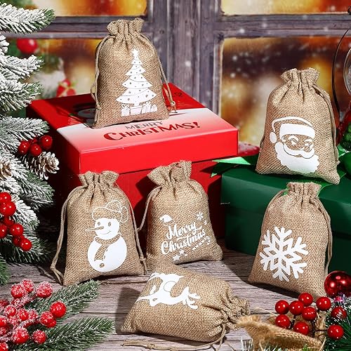 Miniatura 3 de 24 bolsas de regalo de Navidad de 4 x 5.5 pulgadas, búfalo a cuadros, cordón, muñeco de nieve, copo de nieve, alce, Papá Noel, reutilizables,