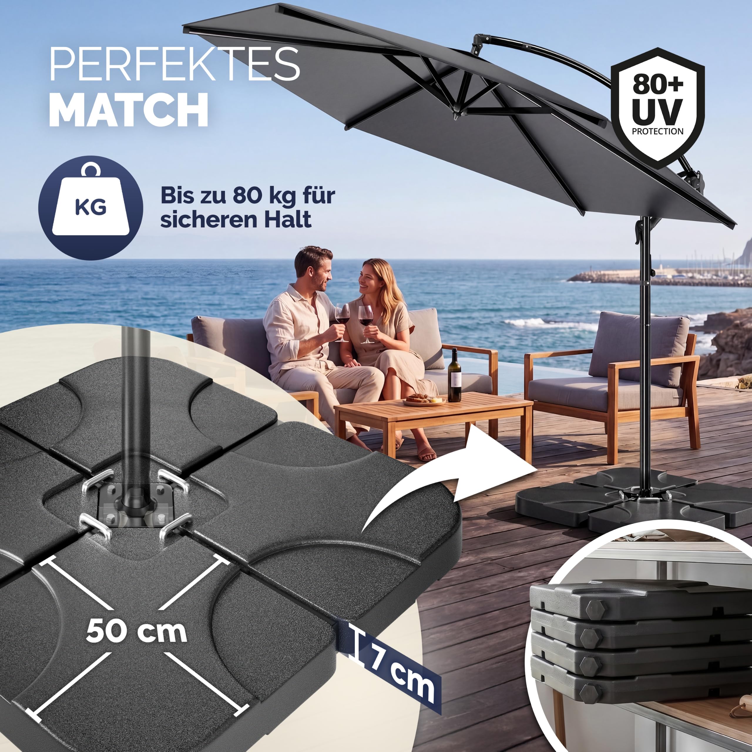 Casaria® Ampelschirm 300/350 cm Komplettset inkl. 4 Gewichte & Schutzhülle - Garten Sonnenschirm UV 80+ neigbar schwenkbar mit Kurbel rund