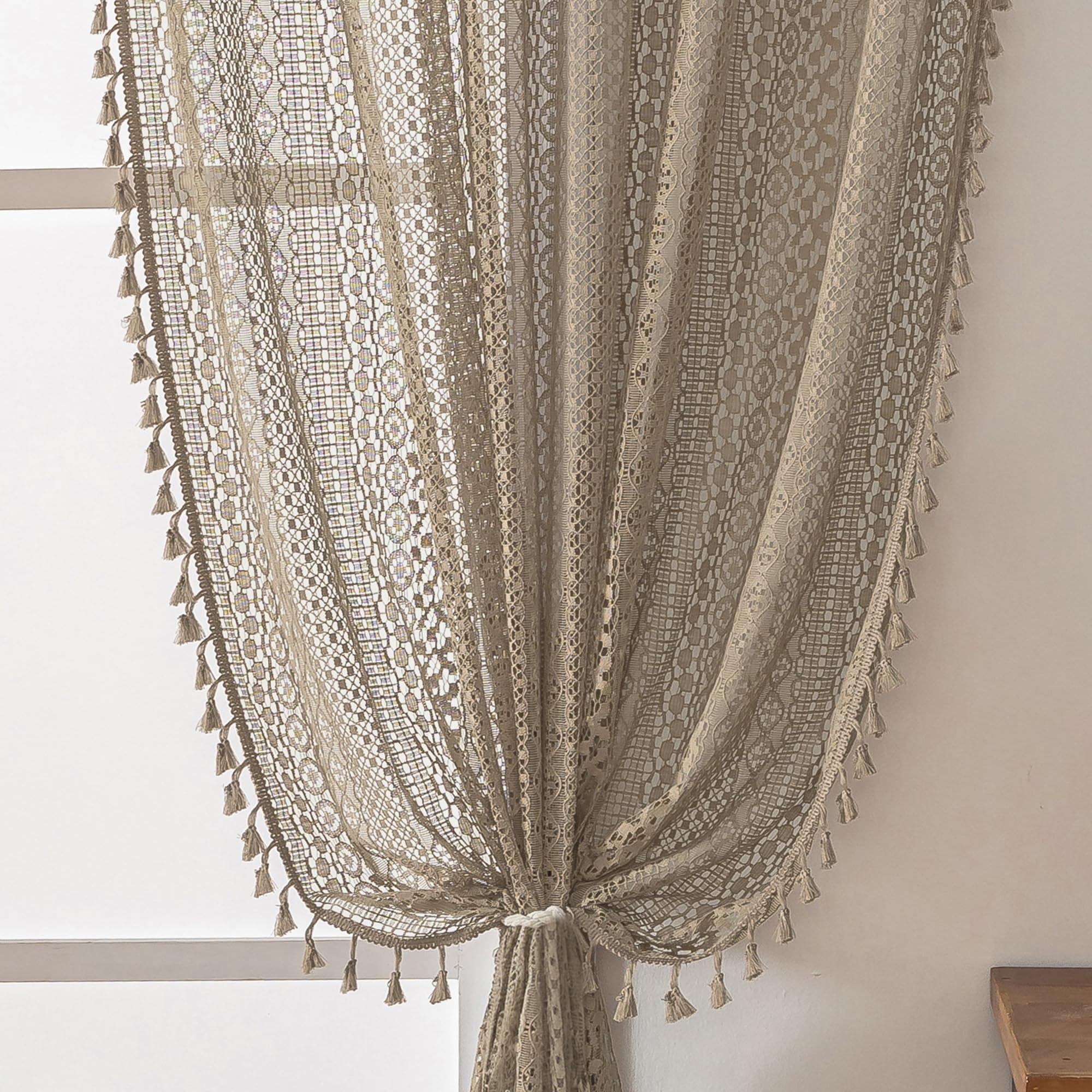 WAZZIO Boho Sheer Cafe Curtains 45 Inch Length 2 Panels Set Cotton Crochet Lace Tassel Rod Pocket Semi Sheer Light Filtering Drapes for Kitchen Bathroom, Taupe — image 1