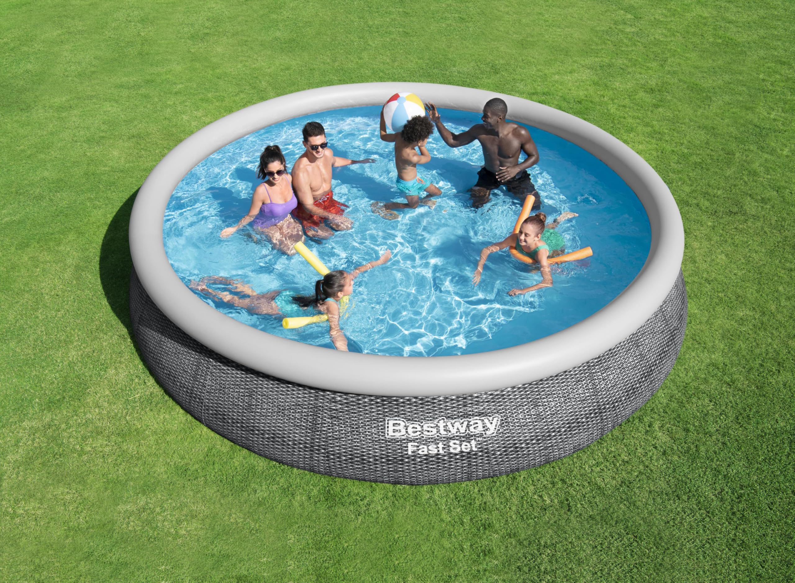 Bestway® Fast Set™ Aufstellpool-Set mit Filterpumpe Ø 457 x 84 cm, Rattan-Optik (Schiefergrau), rund