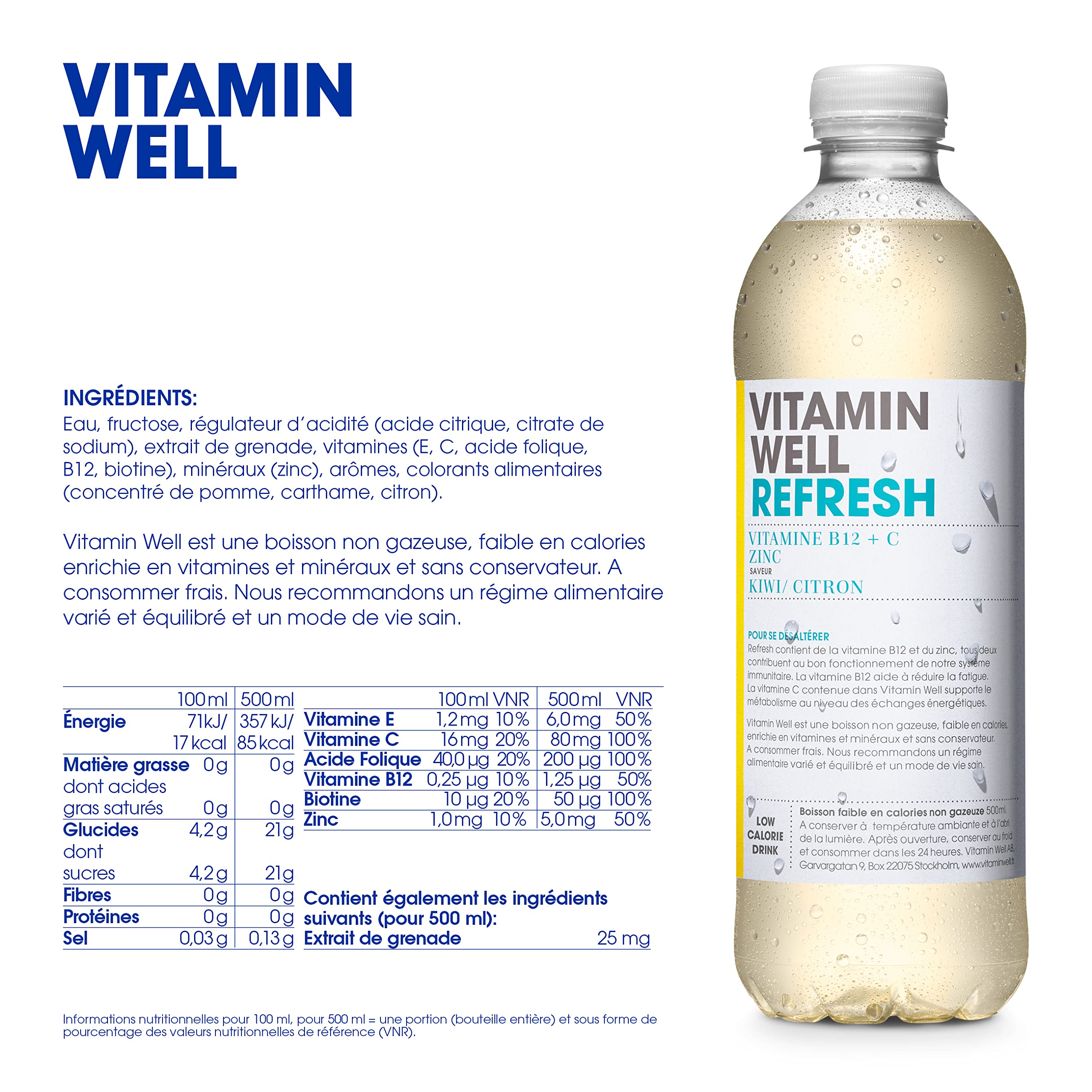 Vitamin Well - Boissons enrichies en vitamines et en minéraux goût kiwi, citron, 12x500ml (Refresh)