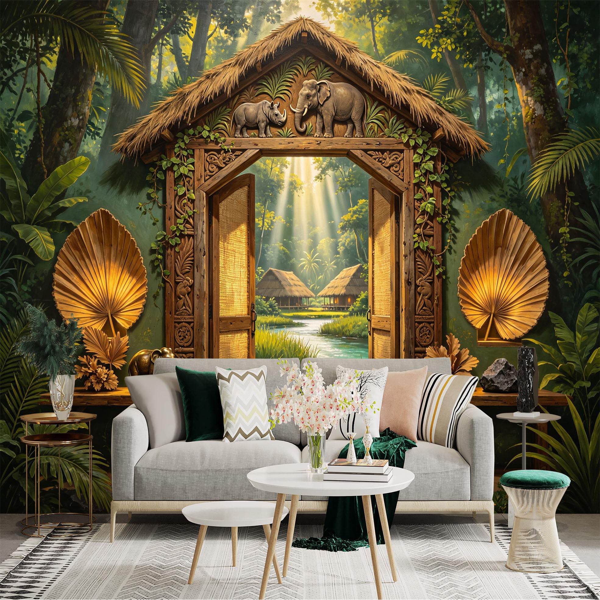 Custom Size Wall Sticker Mural， Tropical Jungle Hut Entrance with Elephant Carvings and River View， for wall Decoration， peelandstick wall Decals.