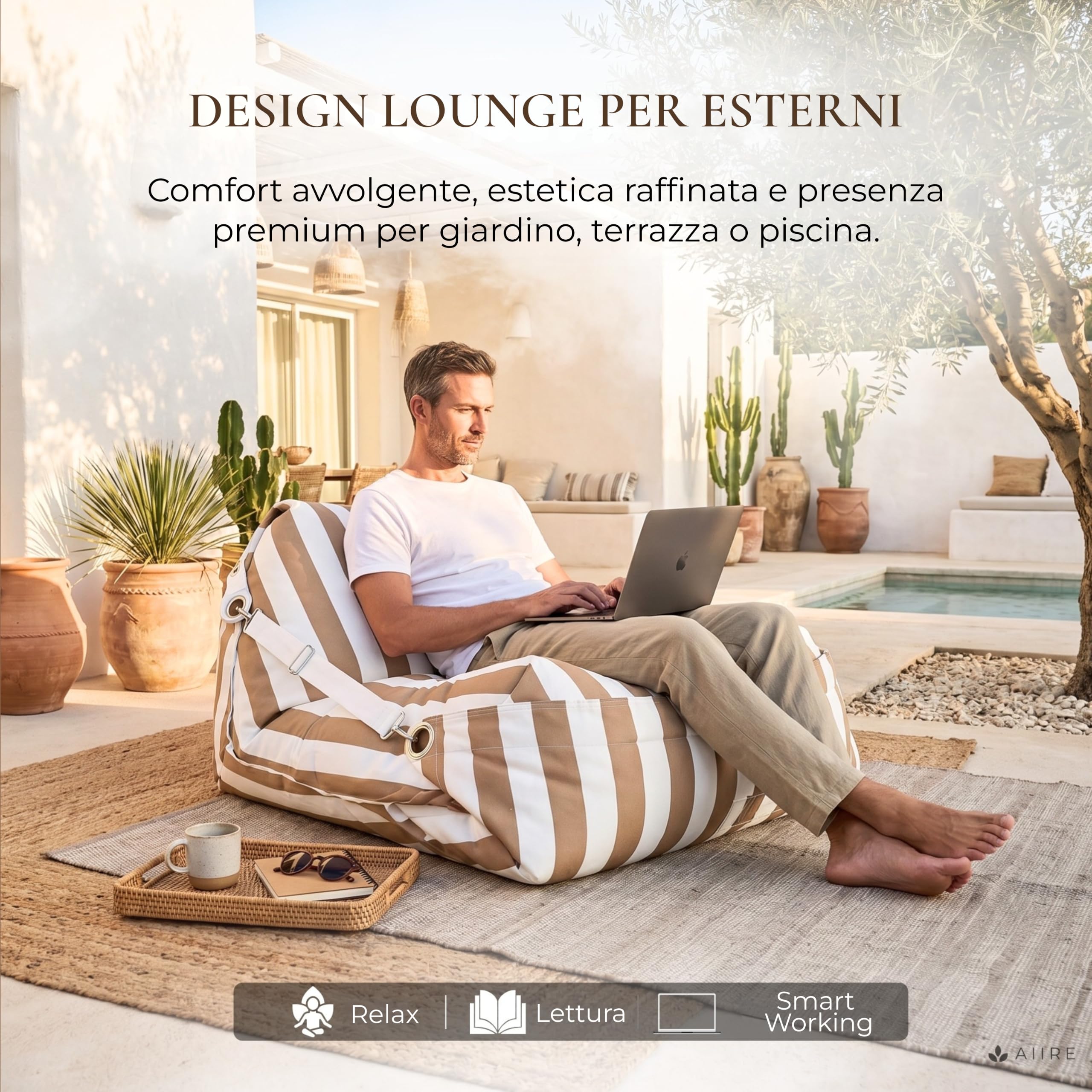 Aiire Pouf Esterno Design in Olefina - [180x140] Puffo per Sedersi Moderno con Imbottitura - Puff Poltrona a Sacco per Piscina, Giardino o Terrazza - Bean Bag o Cuscini da Pavimento XXL Beige | Puff In Olefina Da Design, Per Piscina, Giardino O Terrazza,