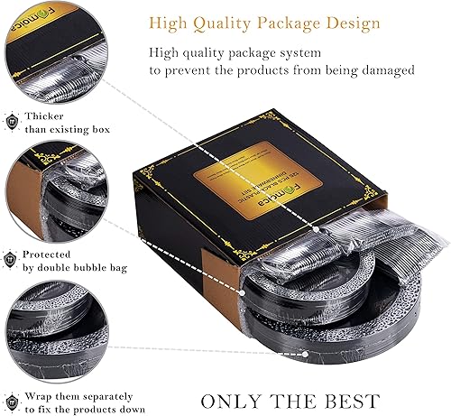 Miniatura 7 de Platos y cubiertos de plástico negro y plateado  Juego de vajilla de plástico desechable de alta calidad  Platos de cena reutilizables, tenedores,