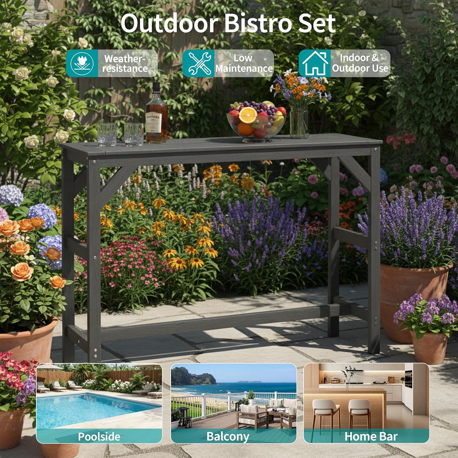 HIPS Outdoor Patio Bar Set, All Weather HIPS Bar Table and Chairs Set for Outside, 55" Rectangular High Top Bar Table with 2 Bar Stools for Poolside, Patio, Balcony, Deck (Black, Bar Table)