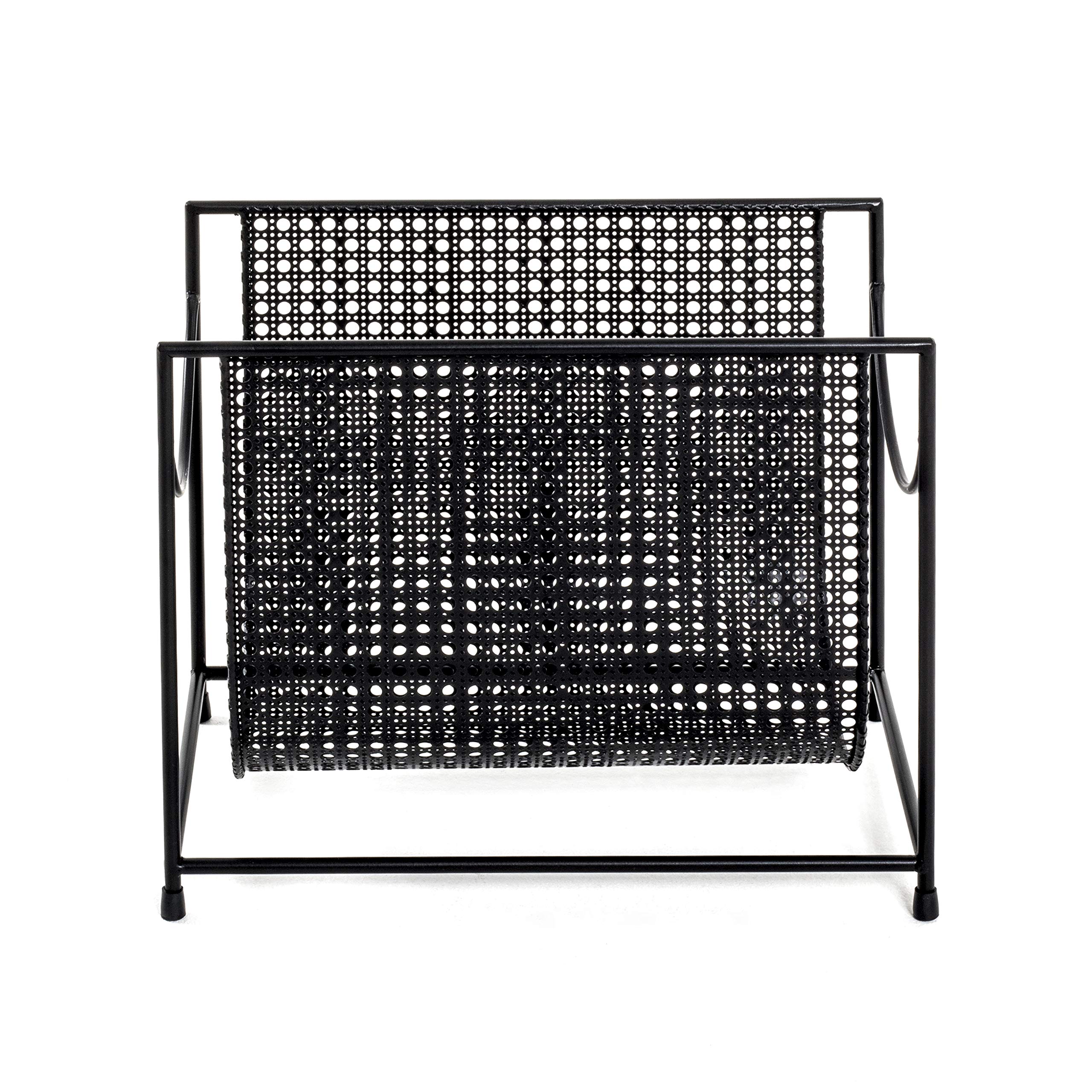 HAKU Porte-journaux en métal noir, porte-revues avec motif perforé, panier à magazines en tôle perforée, dimensions : L 37 x H 30 x P 22 cm, style : Art déco