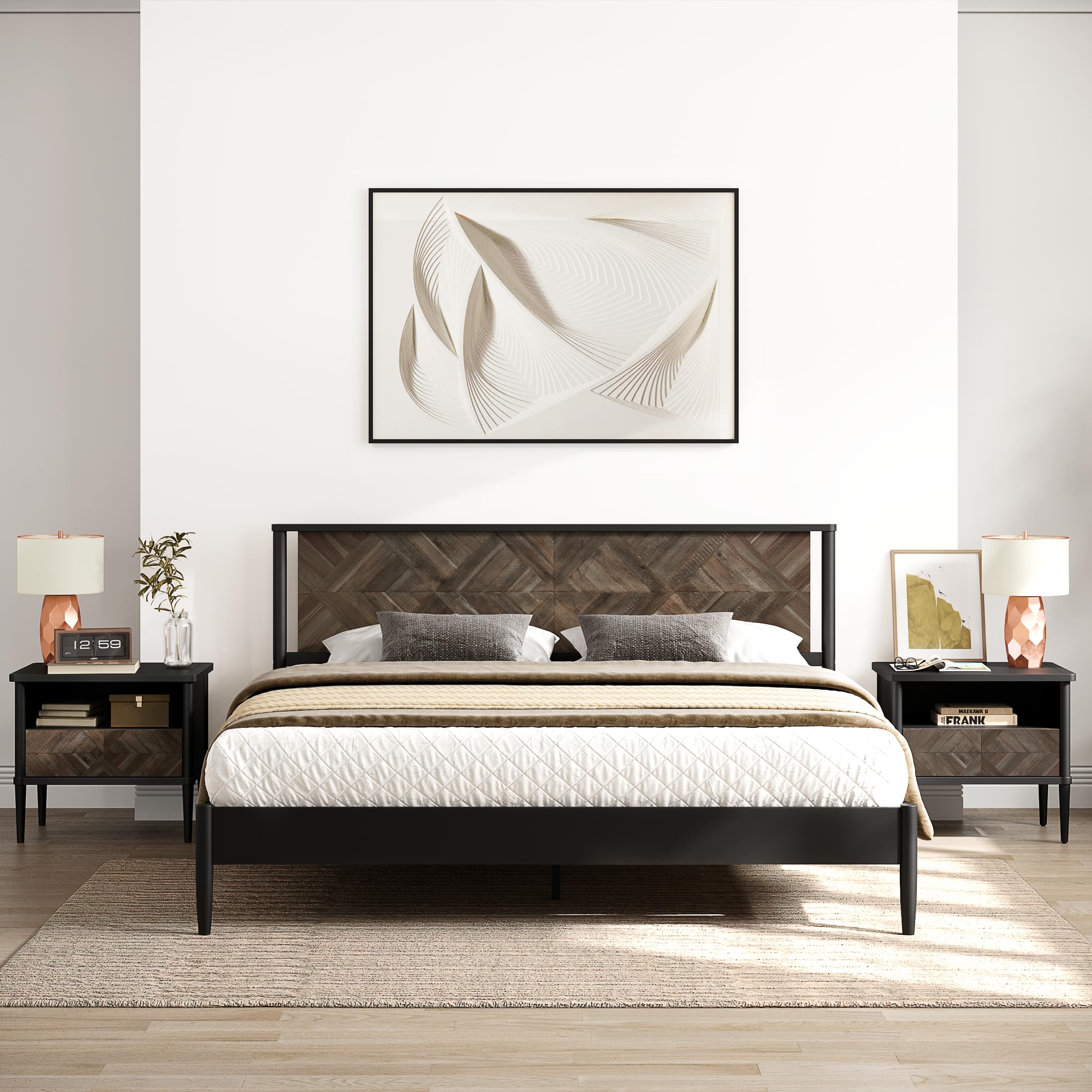 Lenia King Size Platform Bed Frame with Diamond Headboard, Mid Century Modern King Bed, Acacia Wooden Bed Frame, No Box Spring Needed, Easy Assembly - King - Mocha