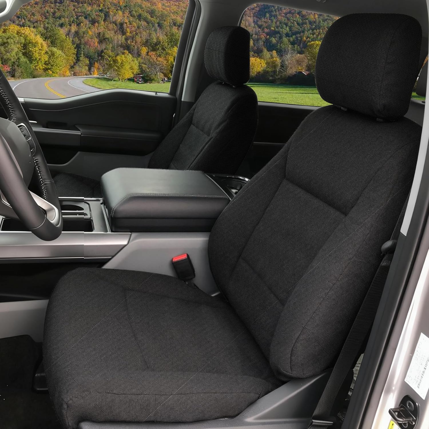 Front High Density Composite Knit Seat Covers for Ford F150 2015-2025 F150 Lightning 2022-2025 F250 F350 2017-2025 Super Duty Crew Cab Waterproof Thickened Fabric Seat Cover Set-Black