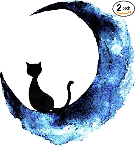 Pretty Watercolor Black Kitty Cat on Moon Silhouette Art Vinyl Decal Sticker (4