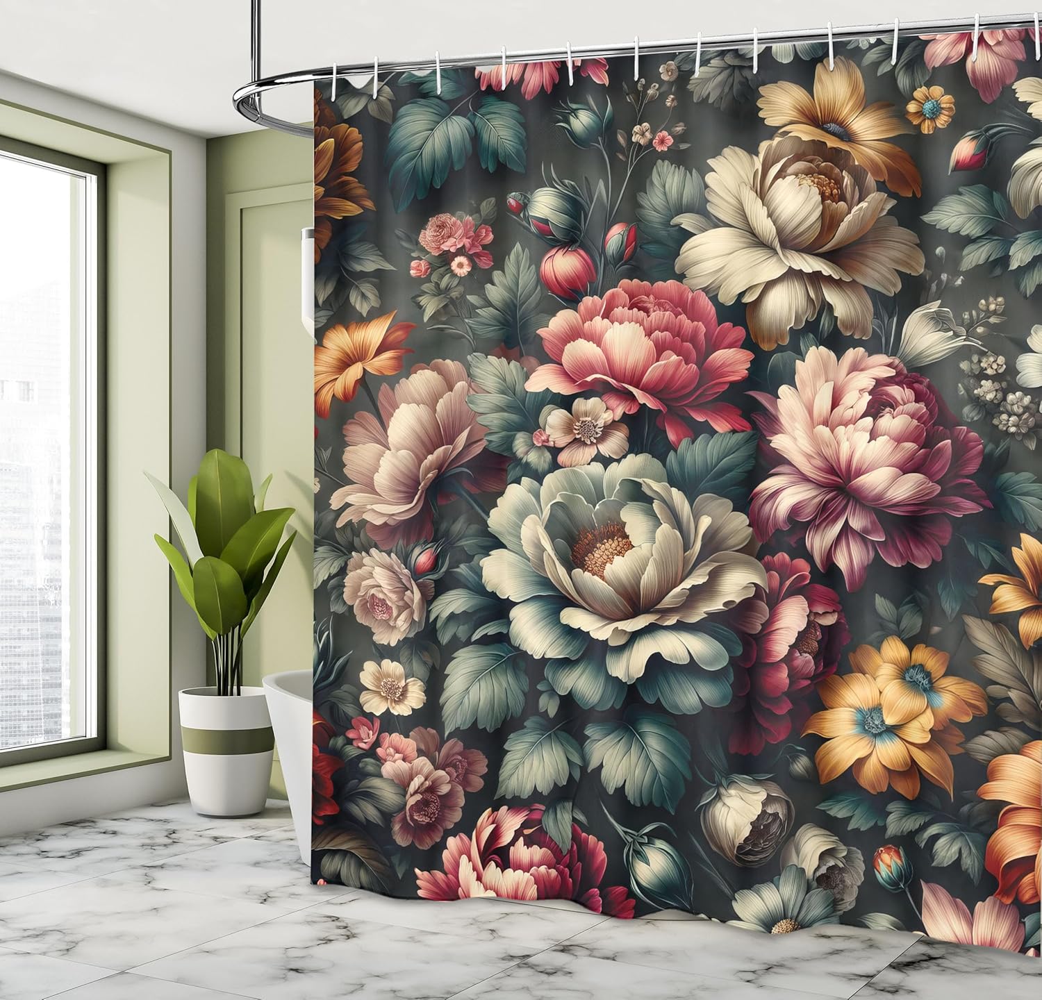 Ambesonne Floral Shower Curtain, Jumble Garden Scene with Gentle Peony Flowers with Delicate Petals Dream, Cloth Fabric Bathroom Decor Set with Hooks, 69" W x 75" L, Pale Ruby Laurel Green