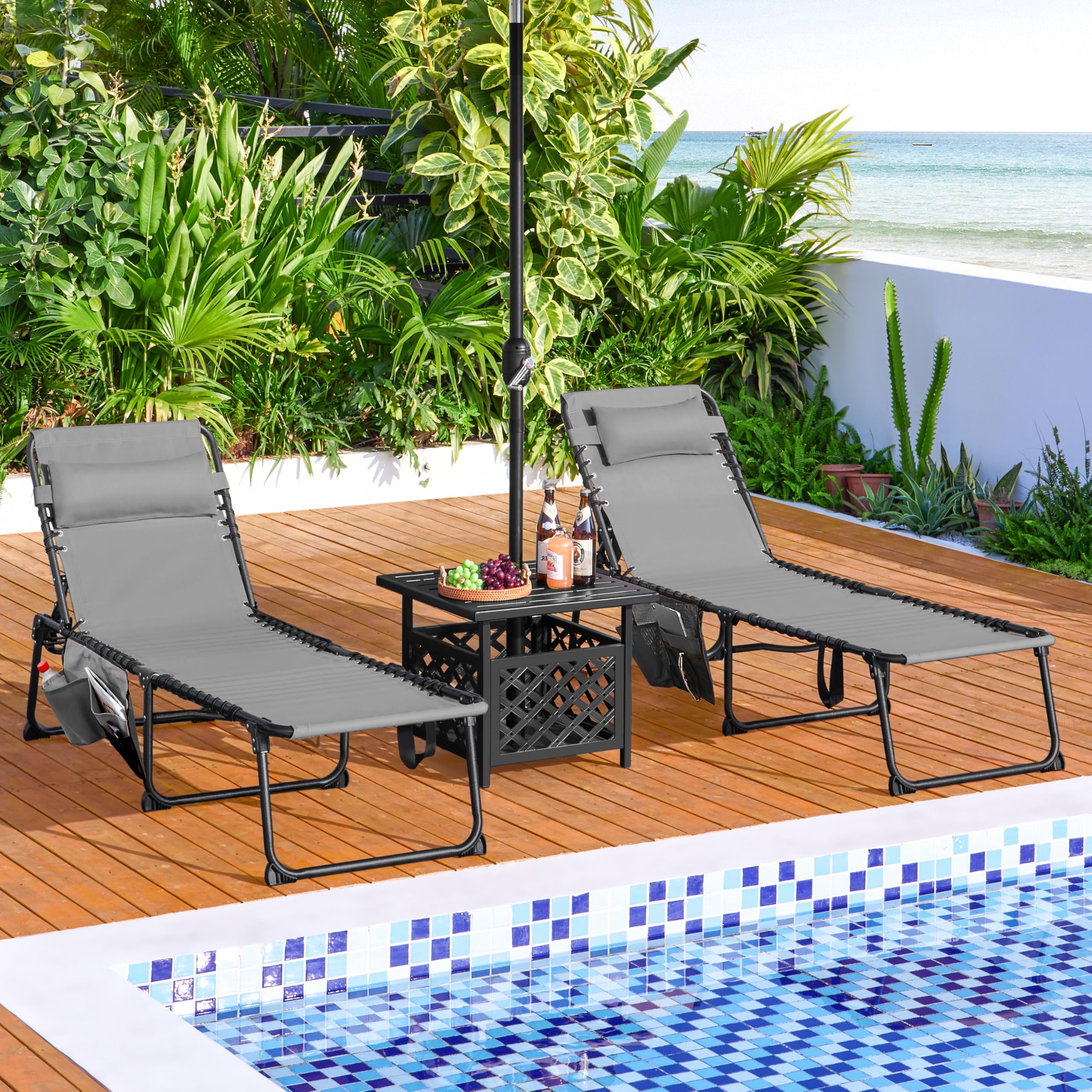 Abician Chaise Longue Pliante Bain de Soleil Transat Jardin Exterieur 189x57x38 cm Dossier Inclinable 5 Positions avec Poche Lit de Camping pour Plage, Piscine, Relax Détente en Plein Air Gris