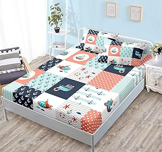 HOSIMA Nautical Bedding Sets,Plaid Pattern Hand Painted Seaplane,Boat and Anchor Fitted Sheet Queen Size for Boys Girls Home Decor,Sea Adventure Theme Kawaii Bedding Fitted Sheets & Pillowcases.