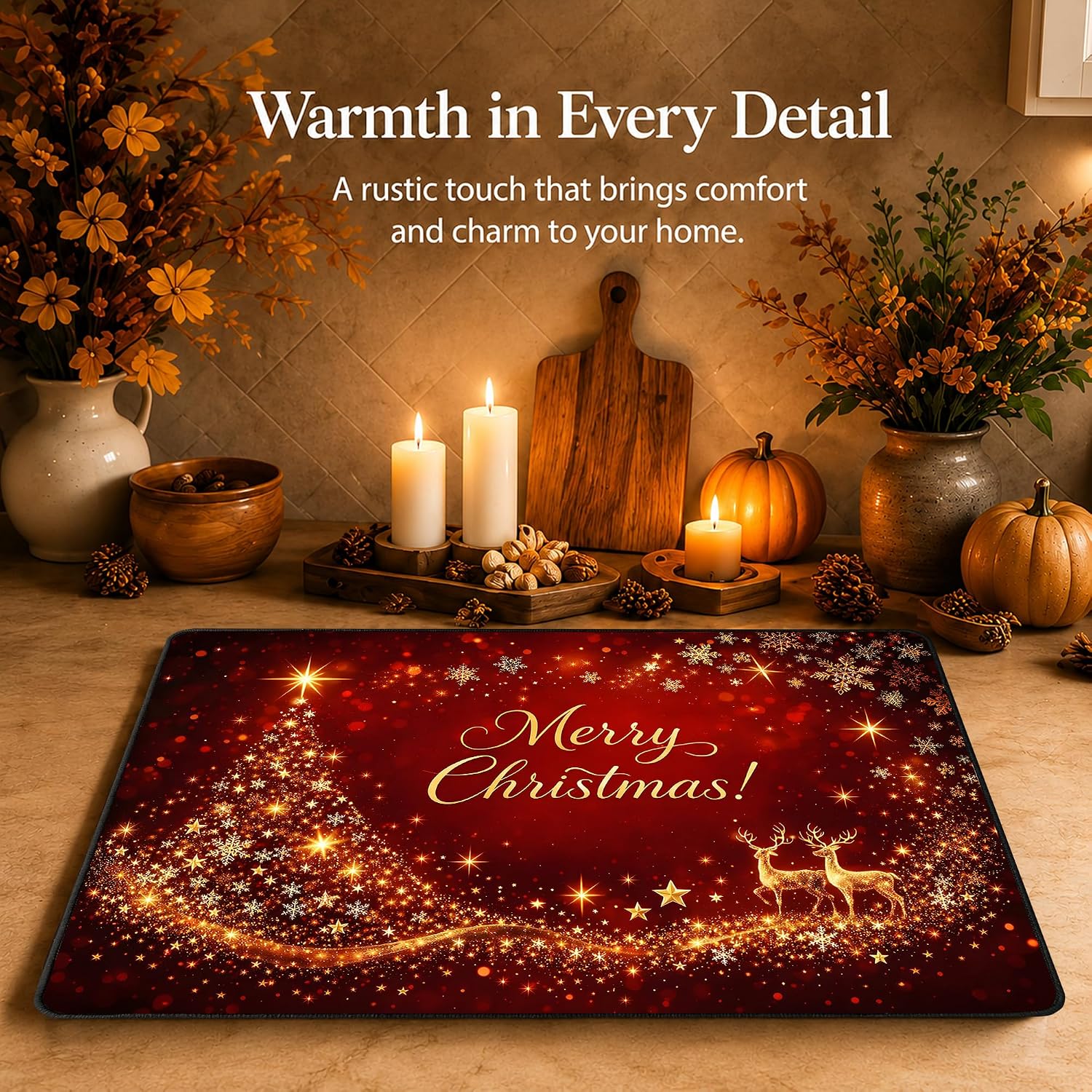 Red Background Glitter Golden Christmas Tree Reindeer Merry Christmas Stove Top Cover 28.3x20.5in Heat Resistant Glass Stove Protector Mat, Non Slip Electric Stove Cover Kitchen Counter Decor