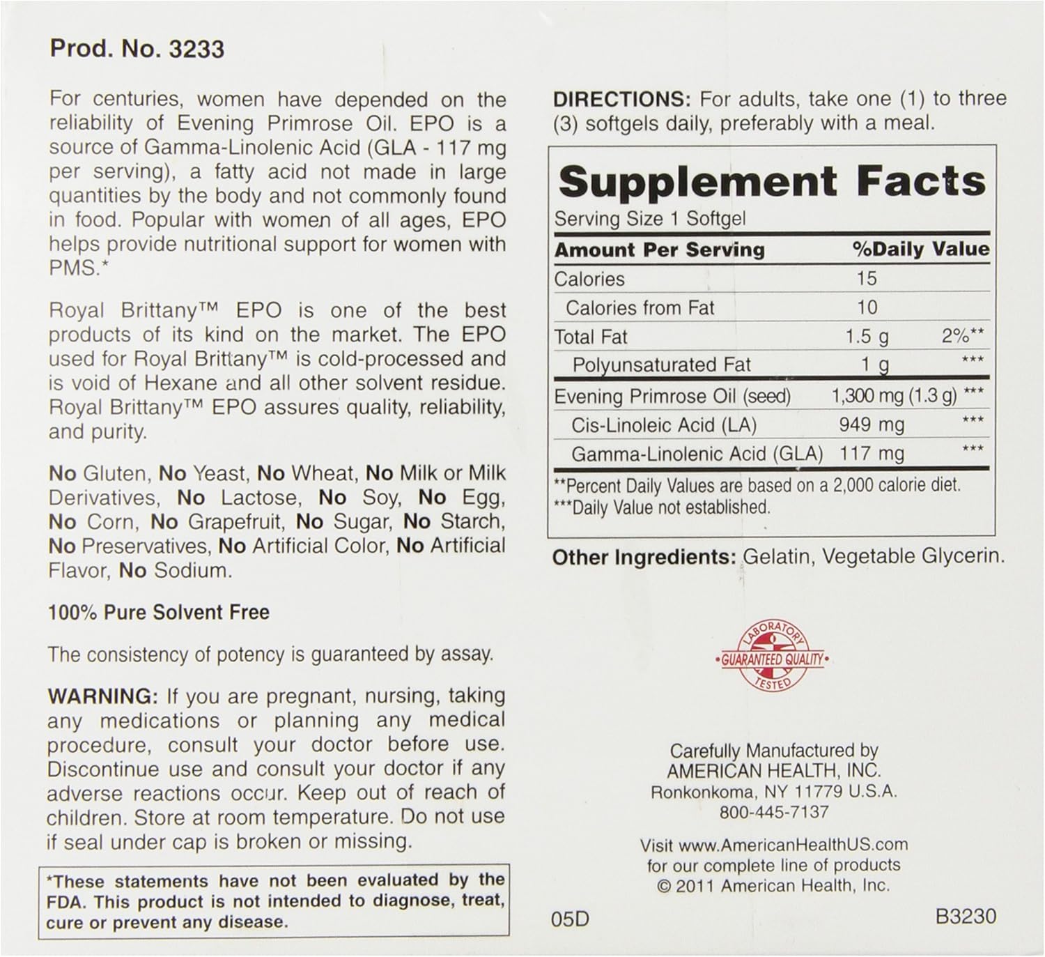 American Health Dietary Fiber Supplements, 1300 mg, Royal Brittany Evening Primrose Oil EPO, 120 Count : Health & Household