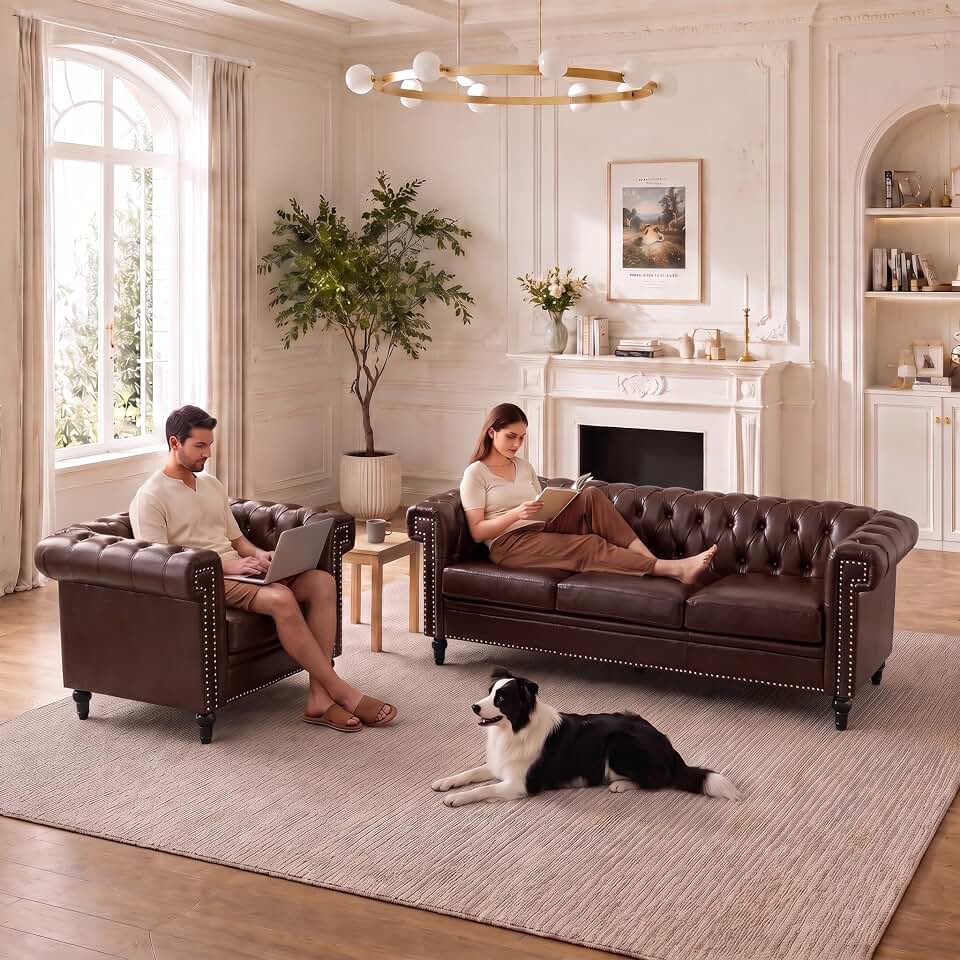 Chesterfield Sofa & Chair Set(1+3), Faux Leather Couch Set with Tufted Backrest & Nailhead Trim, Midcentury Modern Square Arm Office Sofa for Living Room, Comfy Sofa & Accent Chair Set, Brown