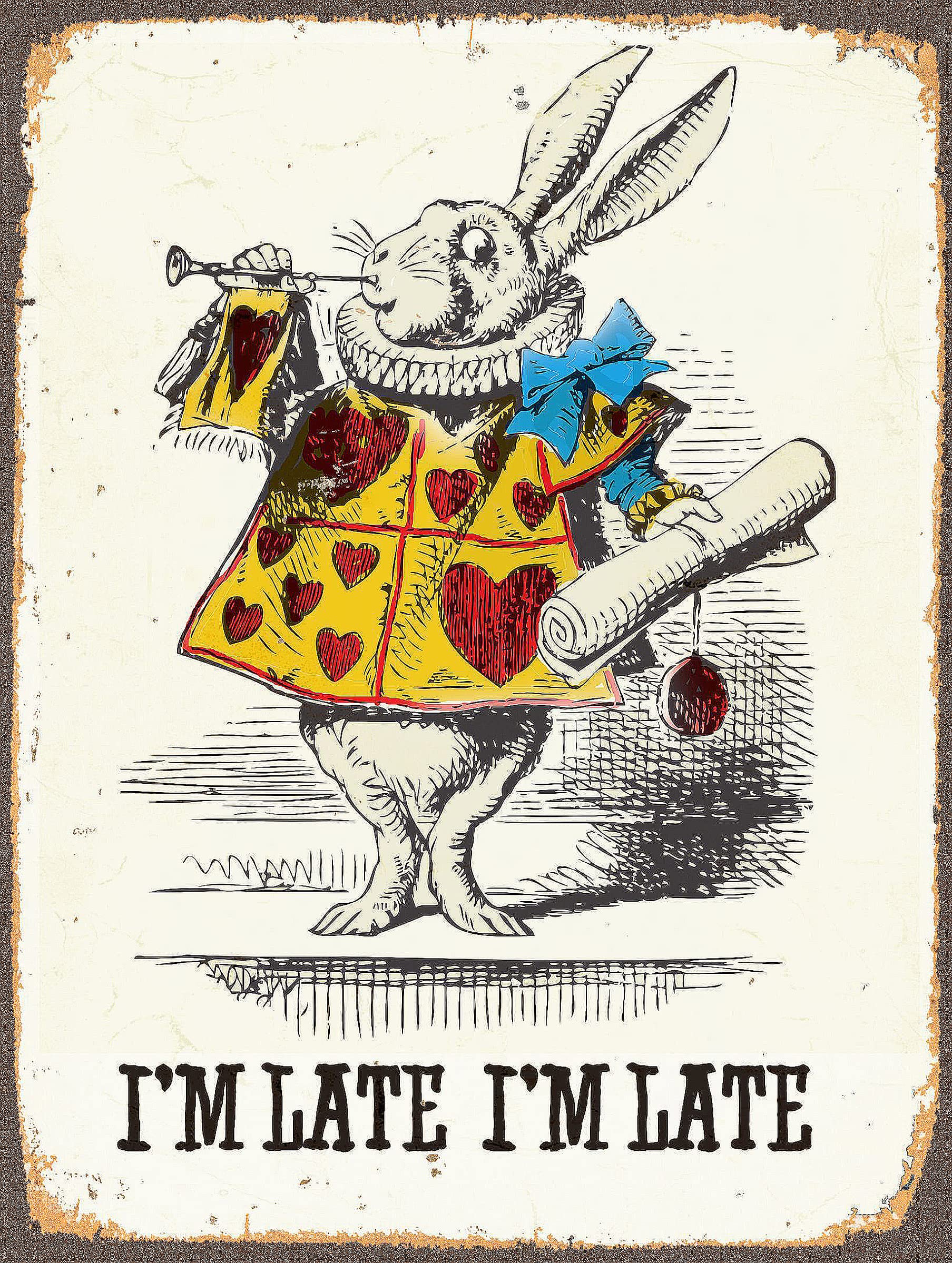 Shawprint Limited Mixed Colours Alice In Wonderland White Rabbit No Wonder I'm Late Metal Wall Sign Plaque Vintage Retro Poster Art Picture Print (A4 (210Mm X 297Mm))