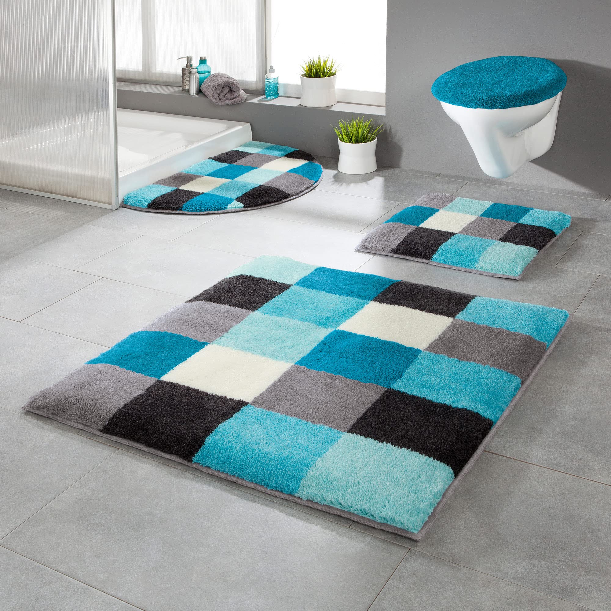 Erwin Müller Badematte Kreta türkis 70x120 cm, Badteppich, Badvorleger rutschhemmend, Hochflor, für Fußbodenheizung