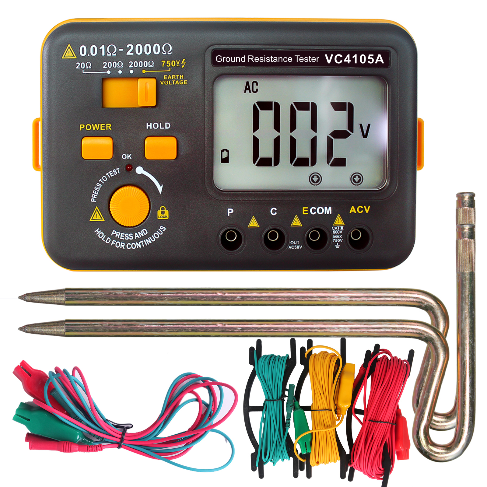 Image of VC4105A Ground Earth Resistance Meter Tester,SKYCENX Grounding Meter Tester for Earthing,Offers Three Resistance Ranges (20Ω /200Ω /2000Ω) and AC Voltages 750V,with Tool Bag