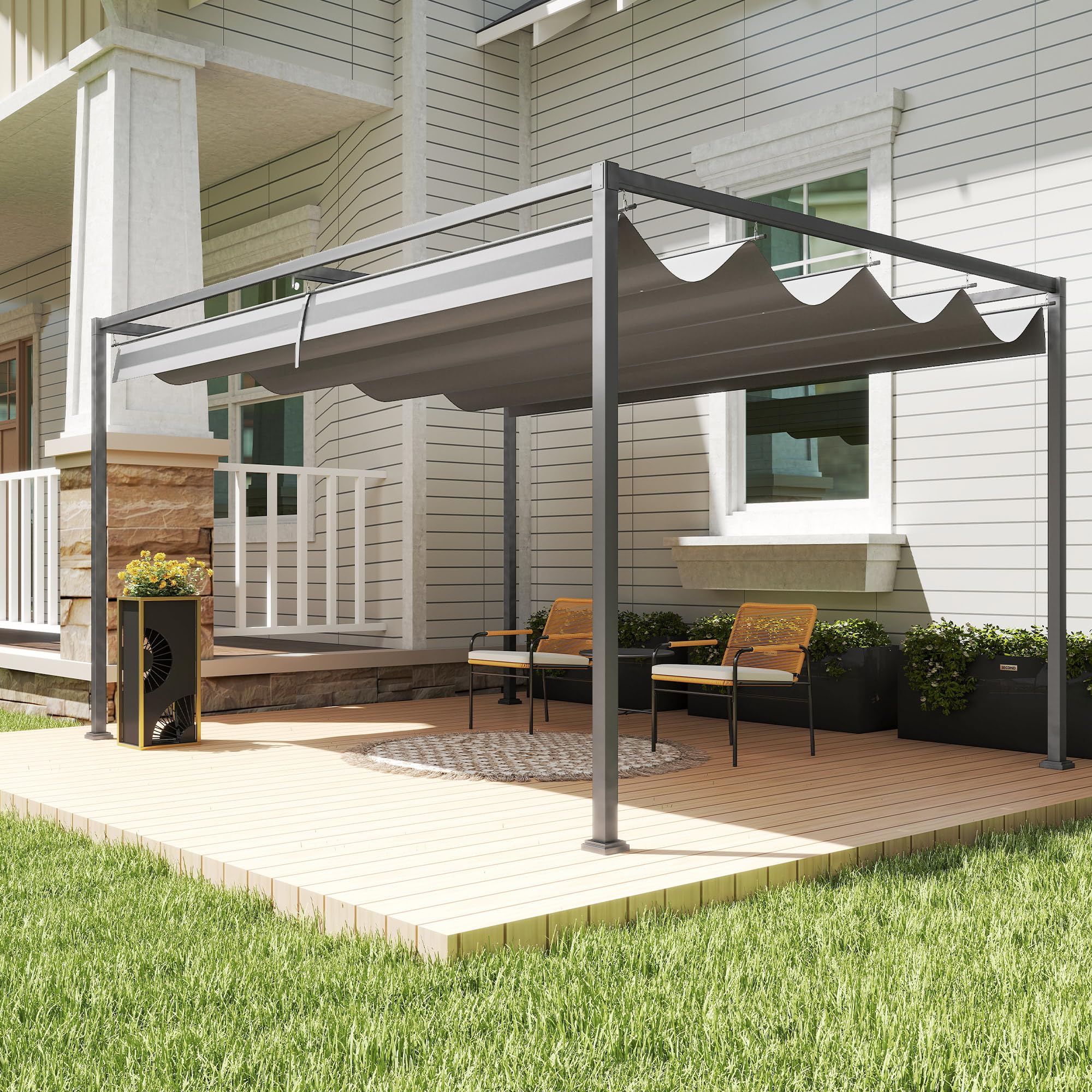 Outsunny Pergola coulissante pergola rétractable 4 x 3 m Structure métal époxy anticorrosion Toile Polyester Haute densité 180 g/m² Incluse Gris foncé