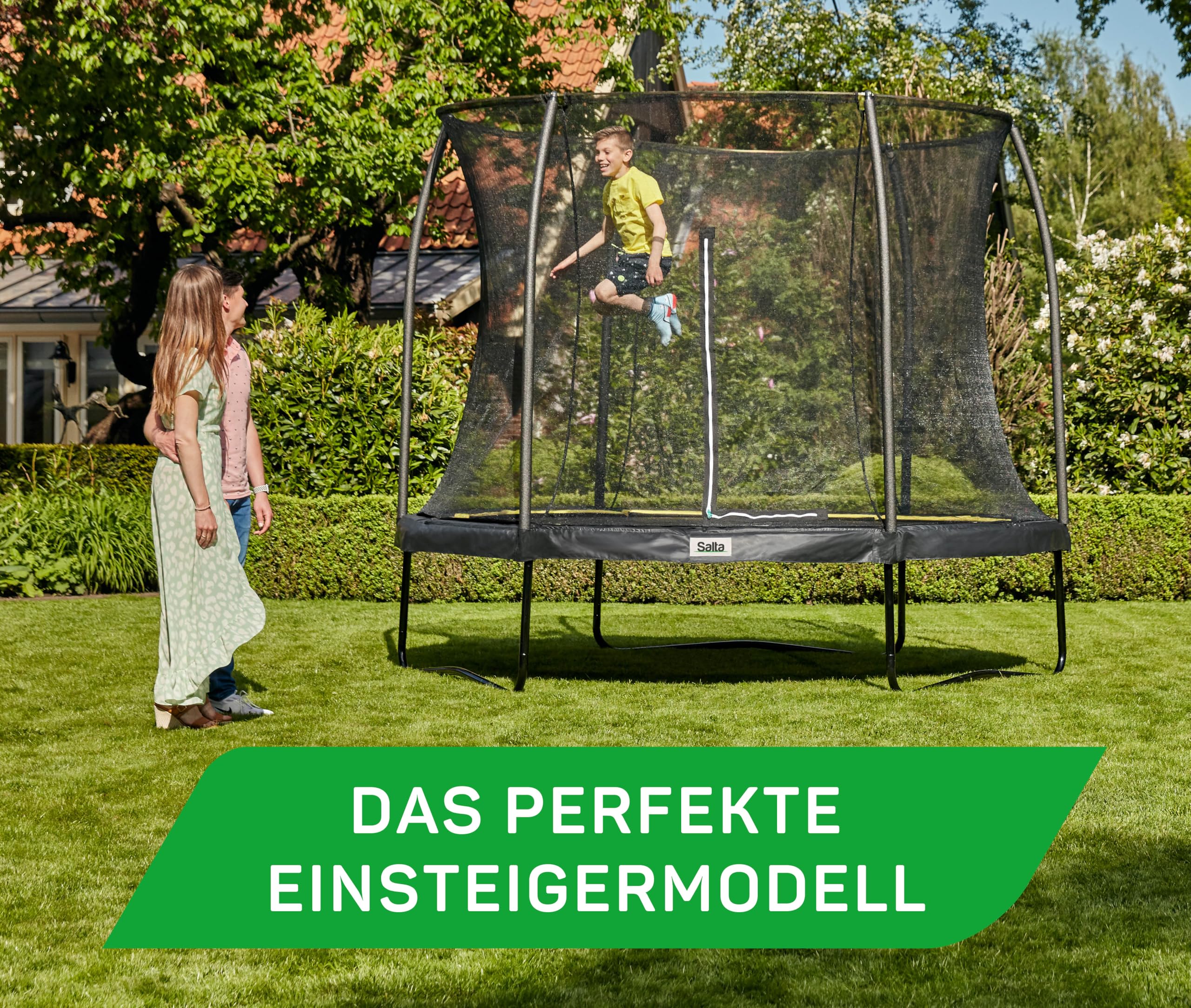 Salta Comfort Edition – ⌀183/213/251/305/366/396/427cm - TÜV geprüft – Schwarz/Grün/Pink - rundes Outdoor Trampolin, Gartentrampolin - Set mit Sprungmatte, Sicherheitsnetz, Federn, Randabdeckung - 4