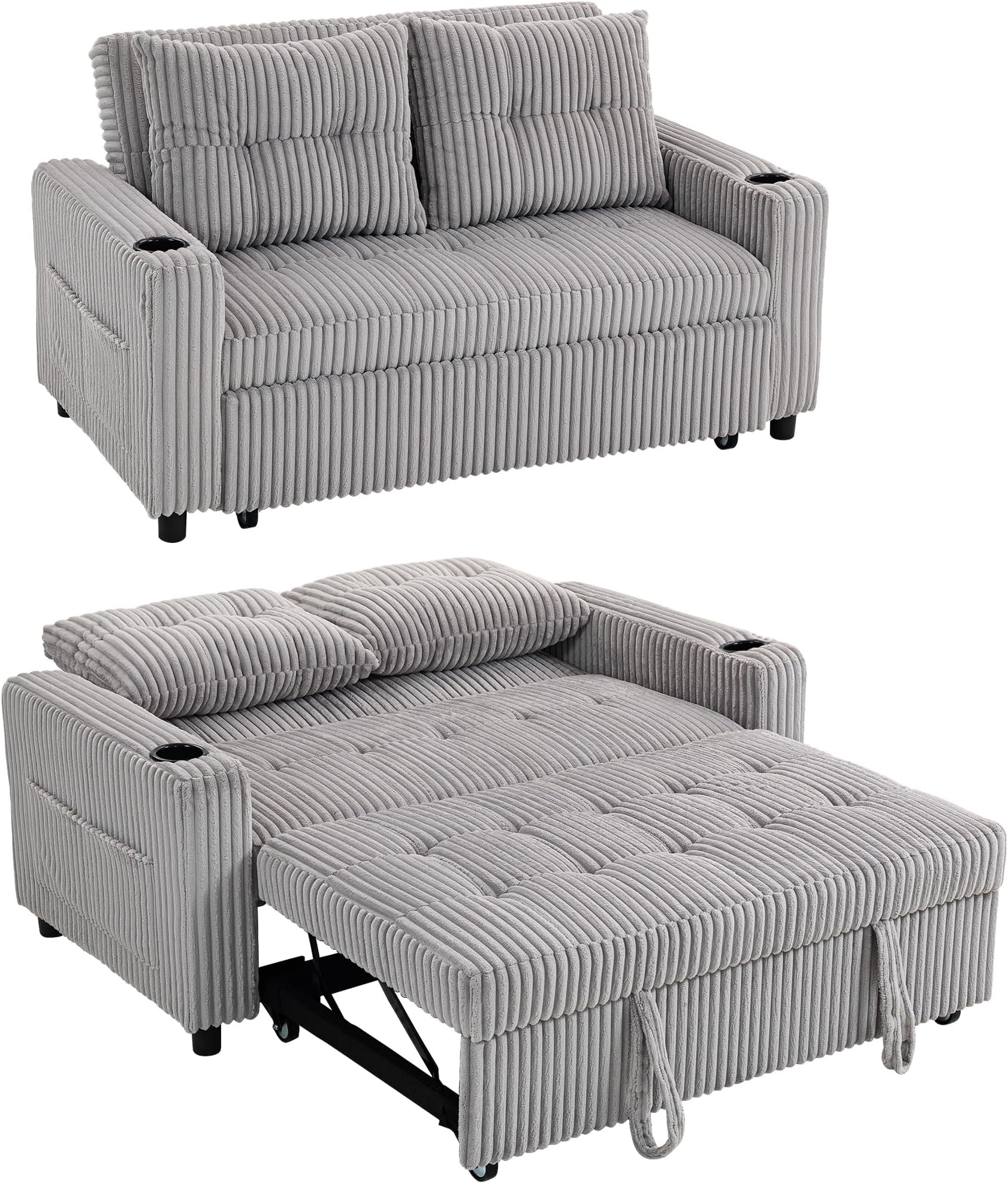 HOMCOM 3-in-1 2 Seater Sofa Bed, Convertible Sleeper Sofa with Adjustable Backrest, Fabric Pull Out Loveseat Bed with 2 Pillows, Side Pockets and Cup Holders for Living Room, Bedroom, Light Grey