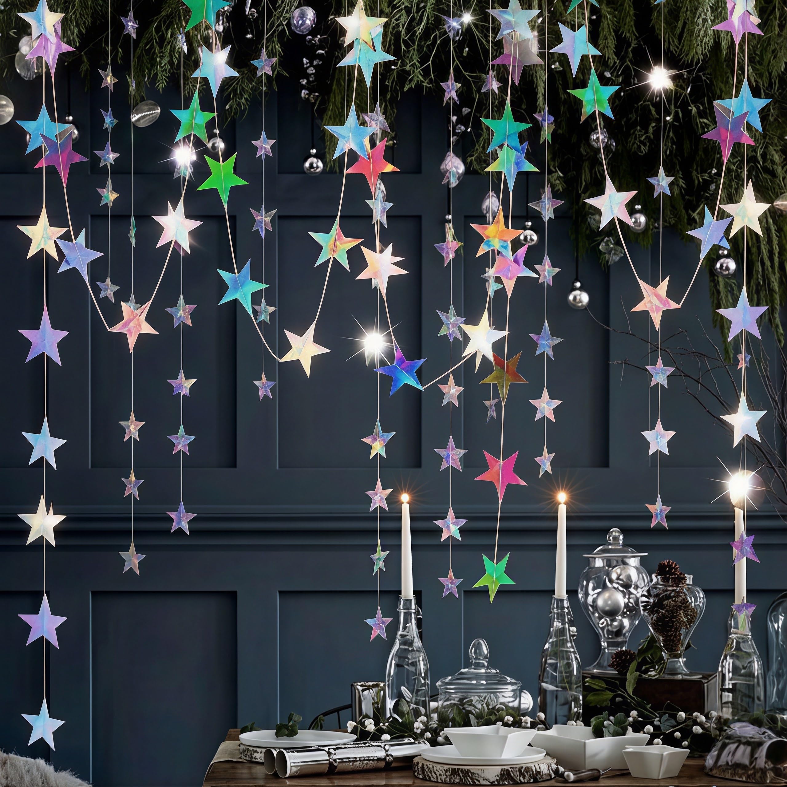 LEBKFT 5PC Iridescent Pentagram Streamers Party Decoration, 65Ft Rainbow Twinkle Hanging Decorations for Birthday Wedding Baby Shower Graduation Party Backdrop (Type B)