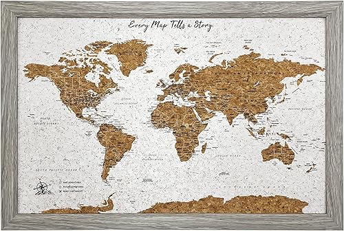 Tablero de mapa del mundo con marco gris Tablero de pinboard enmarcado Diseño de madera de corcho 70 pines incluidos 14.2 x 21.2 pulgadas