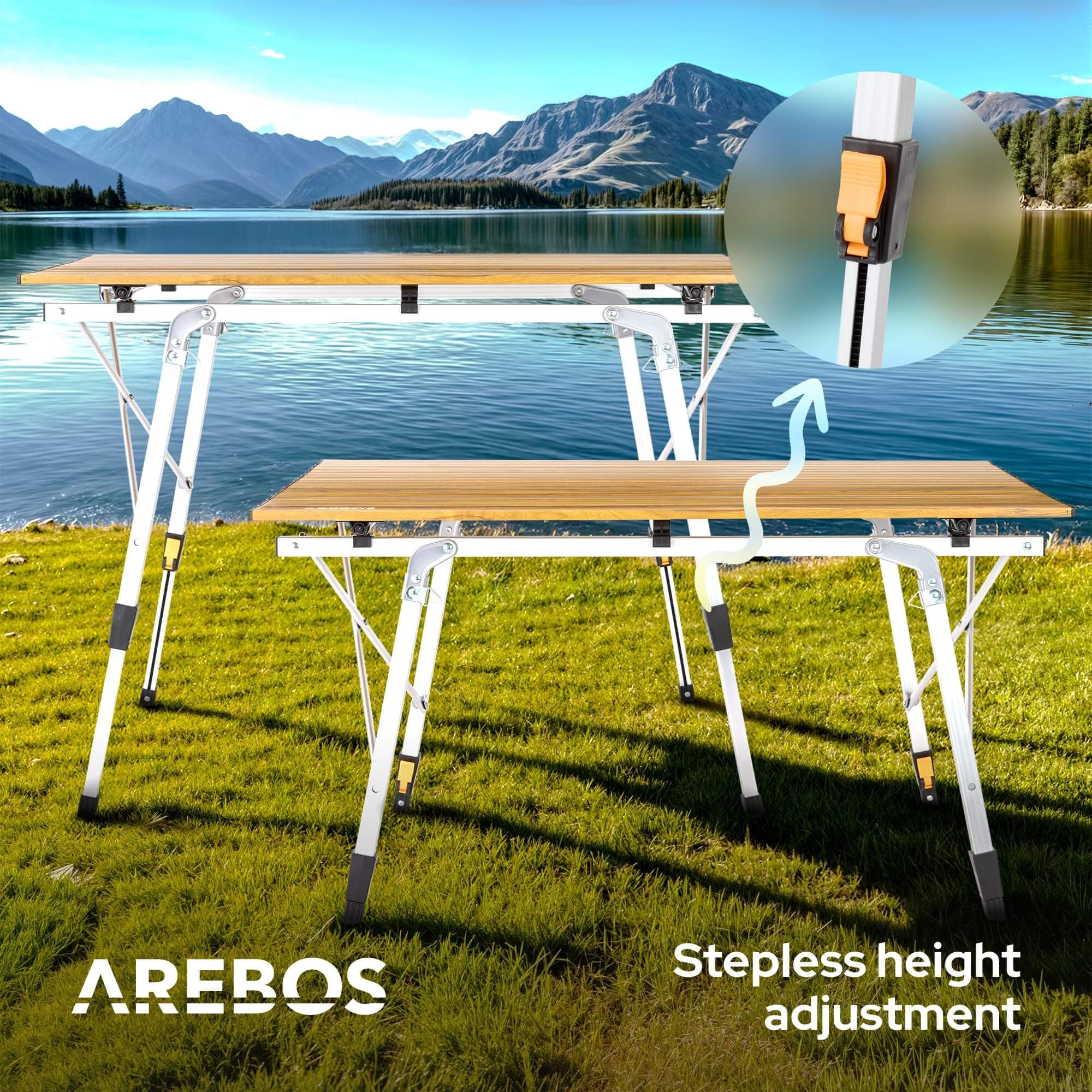 Arebos Mesa de Camping Plegable 120 x 70 cm, Altura Regulable (58-78 cm), Accesorios para Camping, Jardín, Barbacoa, Picnic, Incluye Bolsa de Transporte | Marrón